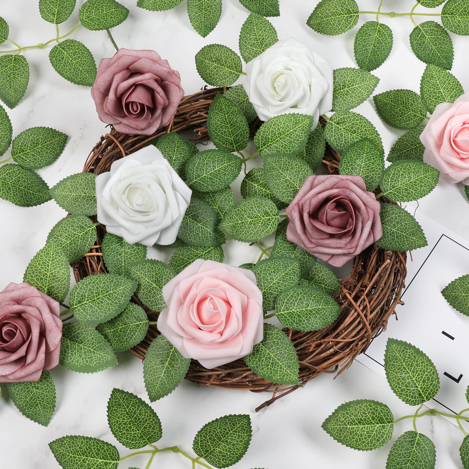Artificial Green Leaves 35 Pcs Bulk Faux Silk Greenery Fake Rose Flower Leaves