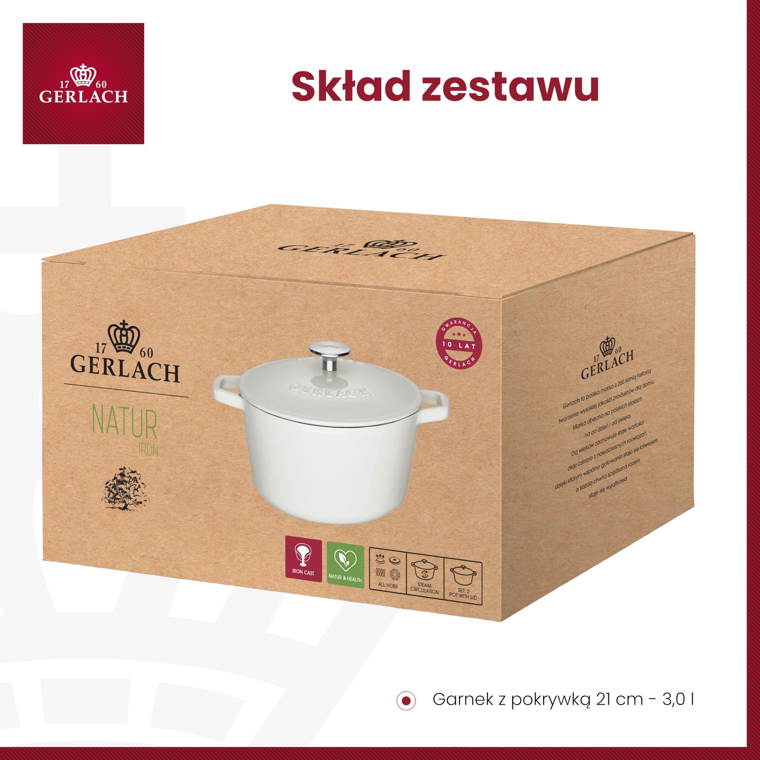 Gerlach Nature Iron Garnek Żeliwny 3 L z Pokrywką 21 cm na Indukcję Gas Garnek Emaliowany Garnek do Pieczenia Chleba Biały
