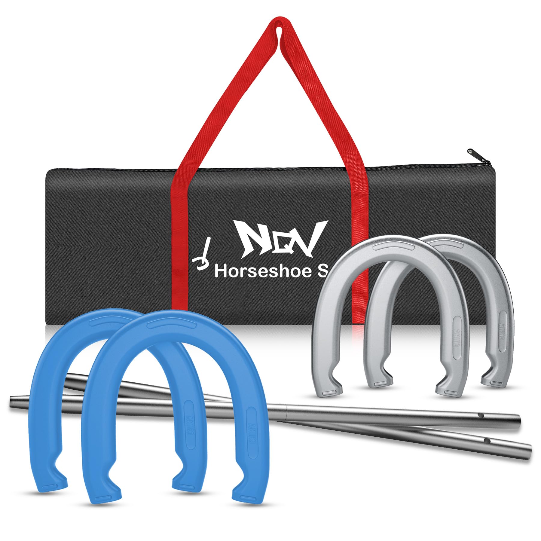 Photo 1 of NQV Horseshoe Outside Game,Horse Shoe Game Kit,Horseshoes Outdoor Game Set for Lawn, Beach, Backyard, Includes 4 Steel Horseshoes, 2 (24") Metal Stakes & Carry Bag (Blue & Silver)
