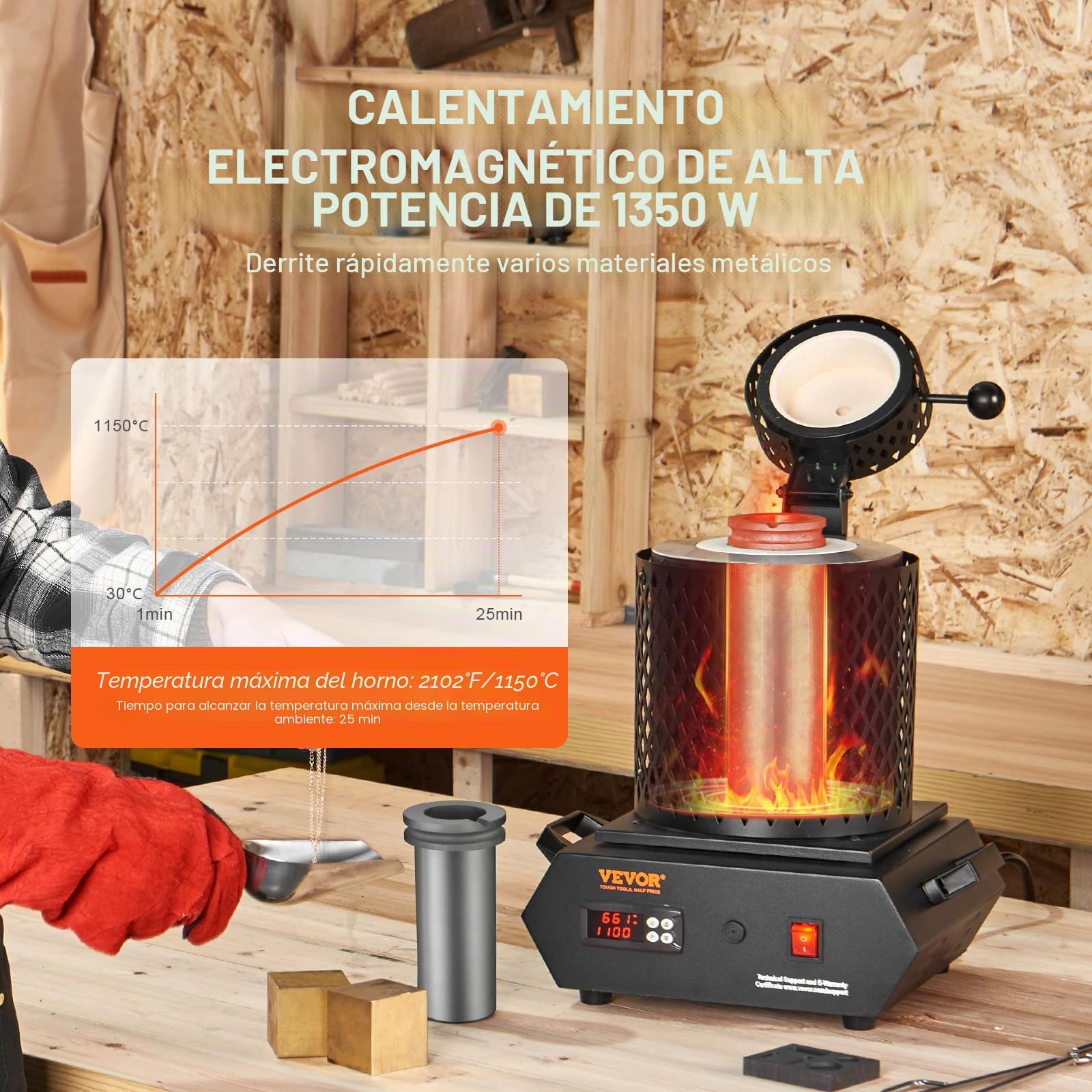 VEVOR Horno de fusión de oro, horno de fusión eléctrico digital de 1350 W, horno de fusión eléctrico de 1150 °C con crisoles de grafito de 1 kg y 3 kg para fundir oro, plata, cobre, aluminio, Negro