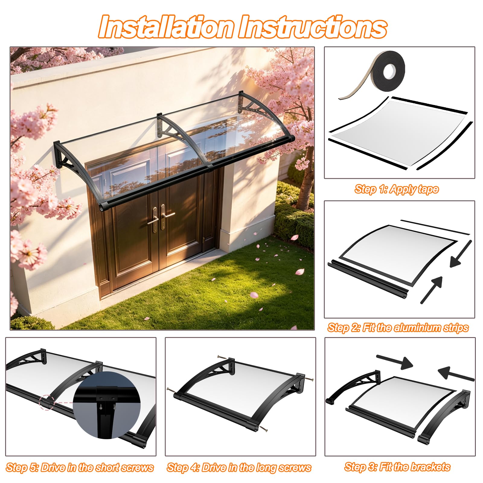 Flankre Marquesinas Exterior para Puertas y Ventanas 80x345cm, El Panel está Fabricado en policarbonato, es Resistente al Agua, a los Rayos solares y a la Intemperie.(marrón)
