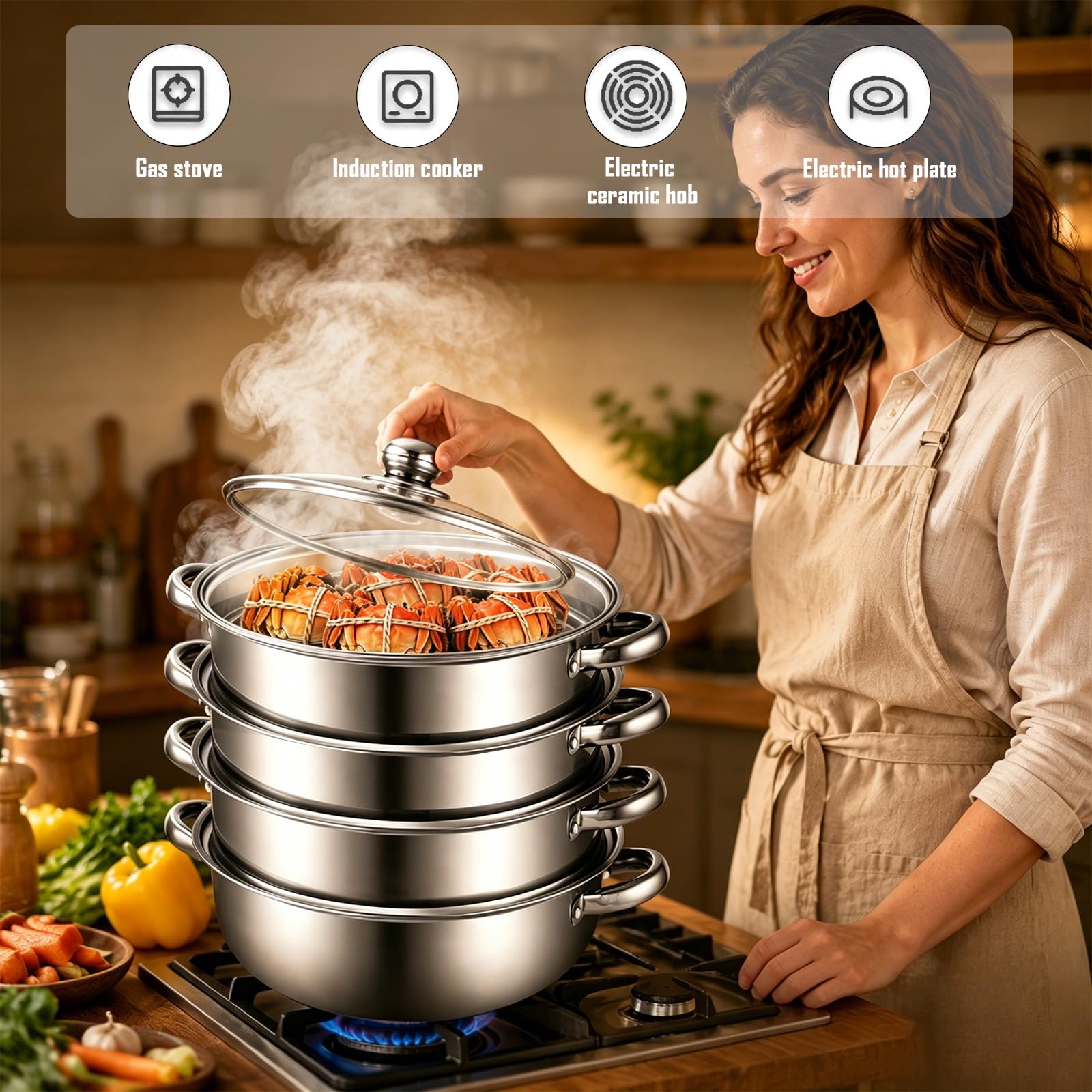 28 cm Dampftopf-Topf mit Dampfgareinsatz, 3/4-Regalkocher mit Deckel, Edelstahltopf, Nudeltopf mit Sieb zum Kochen von Gemüse, Meeresfrüchten, Suppen, Eintöpfen und Nudeln (Vier)