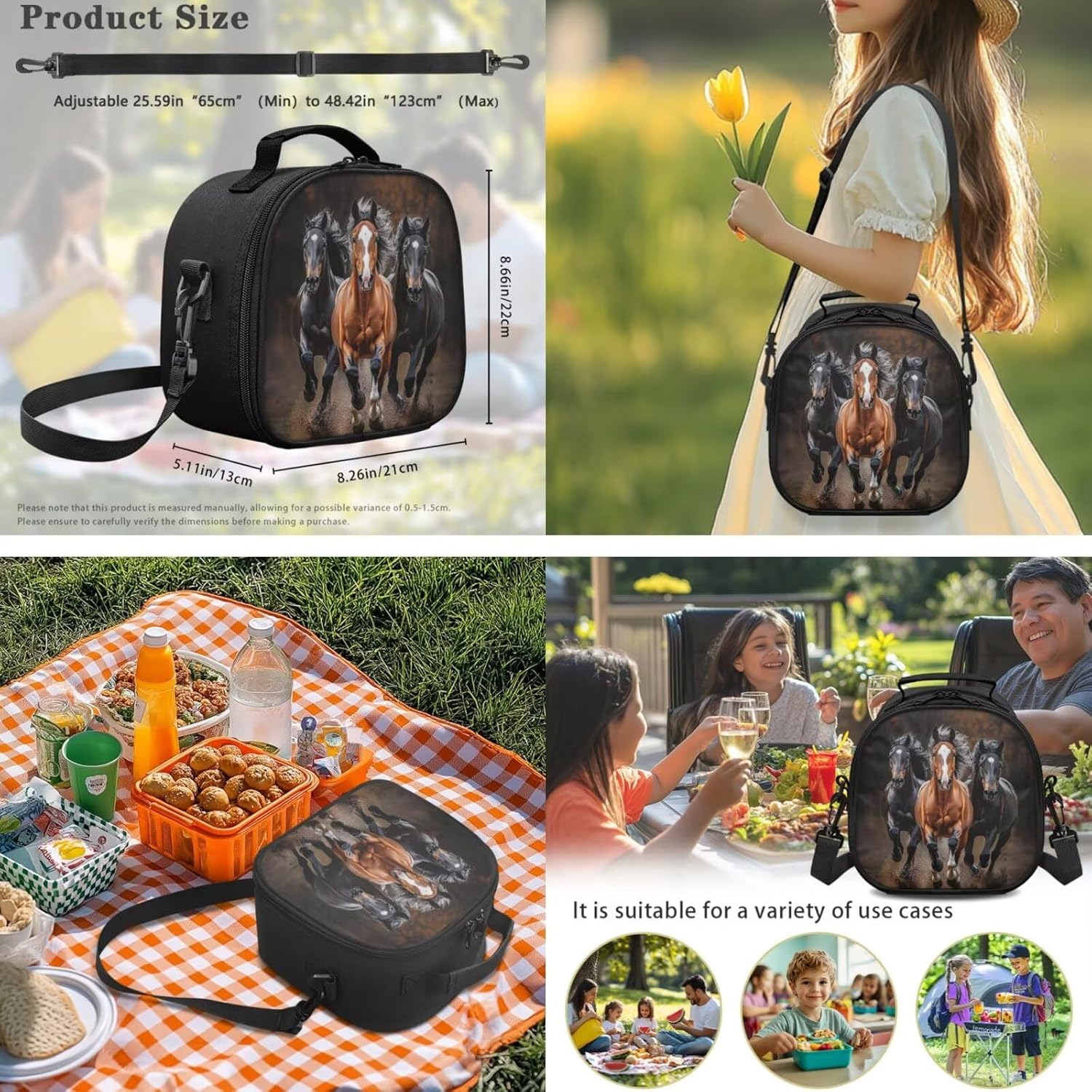 Horse School Backpack for Girls 10-12 with Lunchbox Middle School Bag and Lunch Bag Set Pencil Case Water Bottle Holder Elementary Students Bookbag Lightweight Travel Daypack 4Pcs