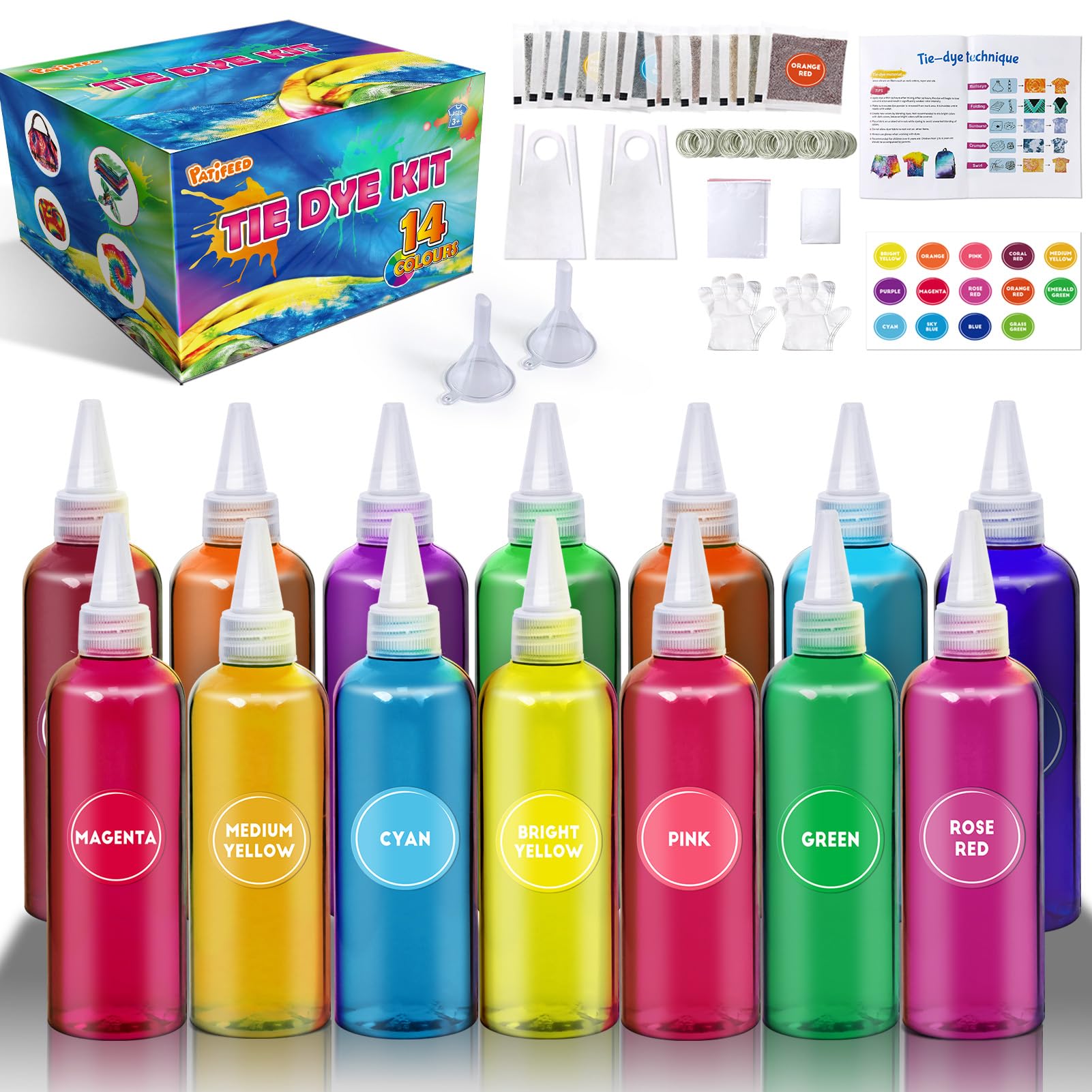PATIFEED Batikfarben Set für Kinder, 14 Farben Tie Dye Kit für große Gruppen, Ungiftige Permanente Stofffärbung Sommeraktivitäten für Kinder, Erwachsene, Handgemachte Party