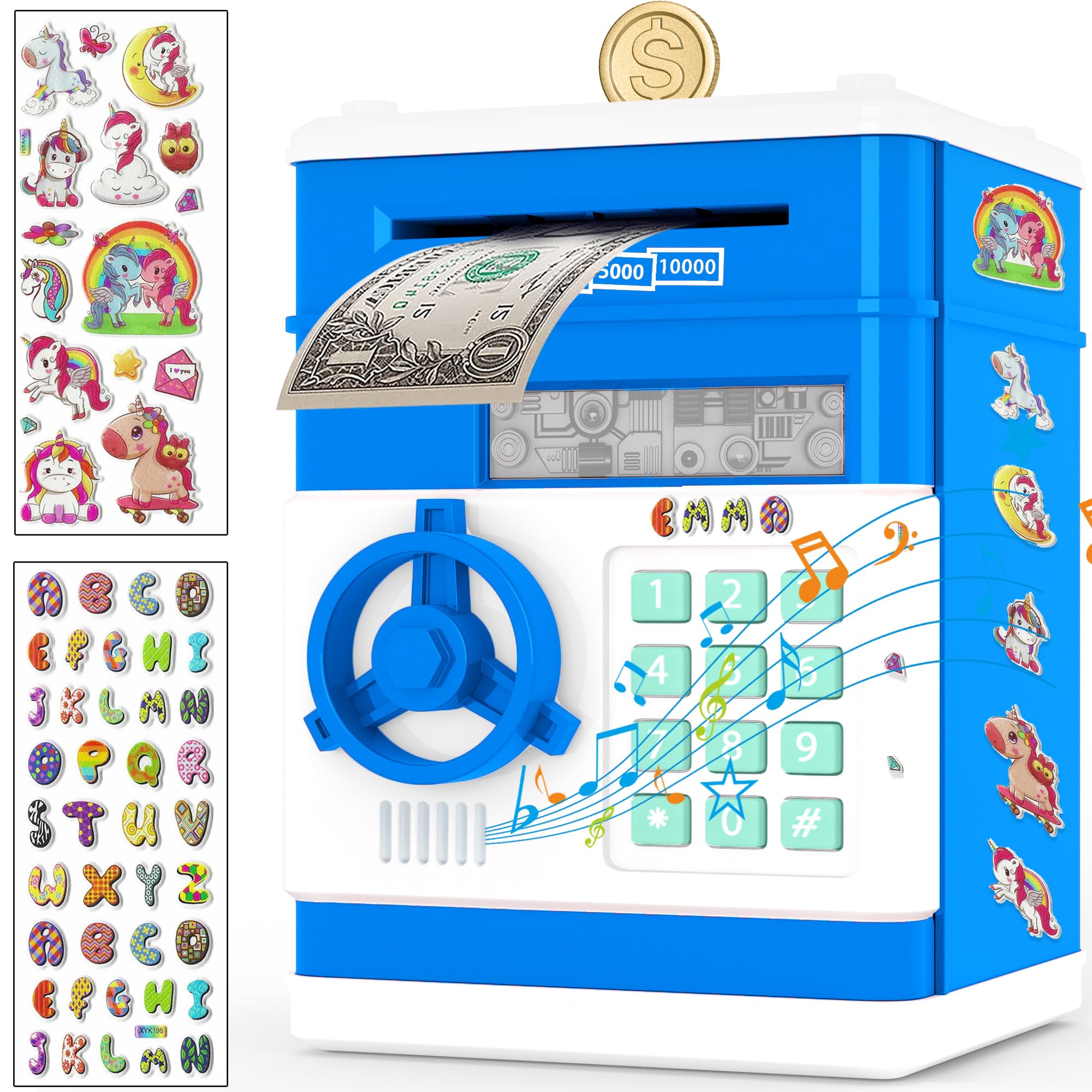 JUNEU Piggy Bank for Kids, 3 4 5 6 7 8 Year Old Boys Toys, Electronic Money Saving Box for Kids, Mini ATM Coin Bank, Birthday Gifts for Boys, Cool Stuff, Ideas, White Elephant Gifts