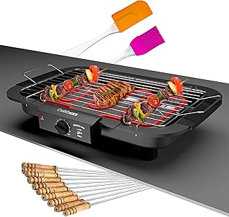 Cultbuzz 2000 Watt Electric Barbecue Grill Smokeless Portable Adjustable Temperature Indoor And Outdoor Barbeque Grill For Home Removable Water Filled Drip Tray (Bbq With Stick Spatula) - Multicolor