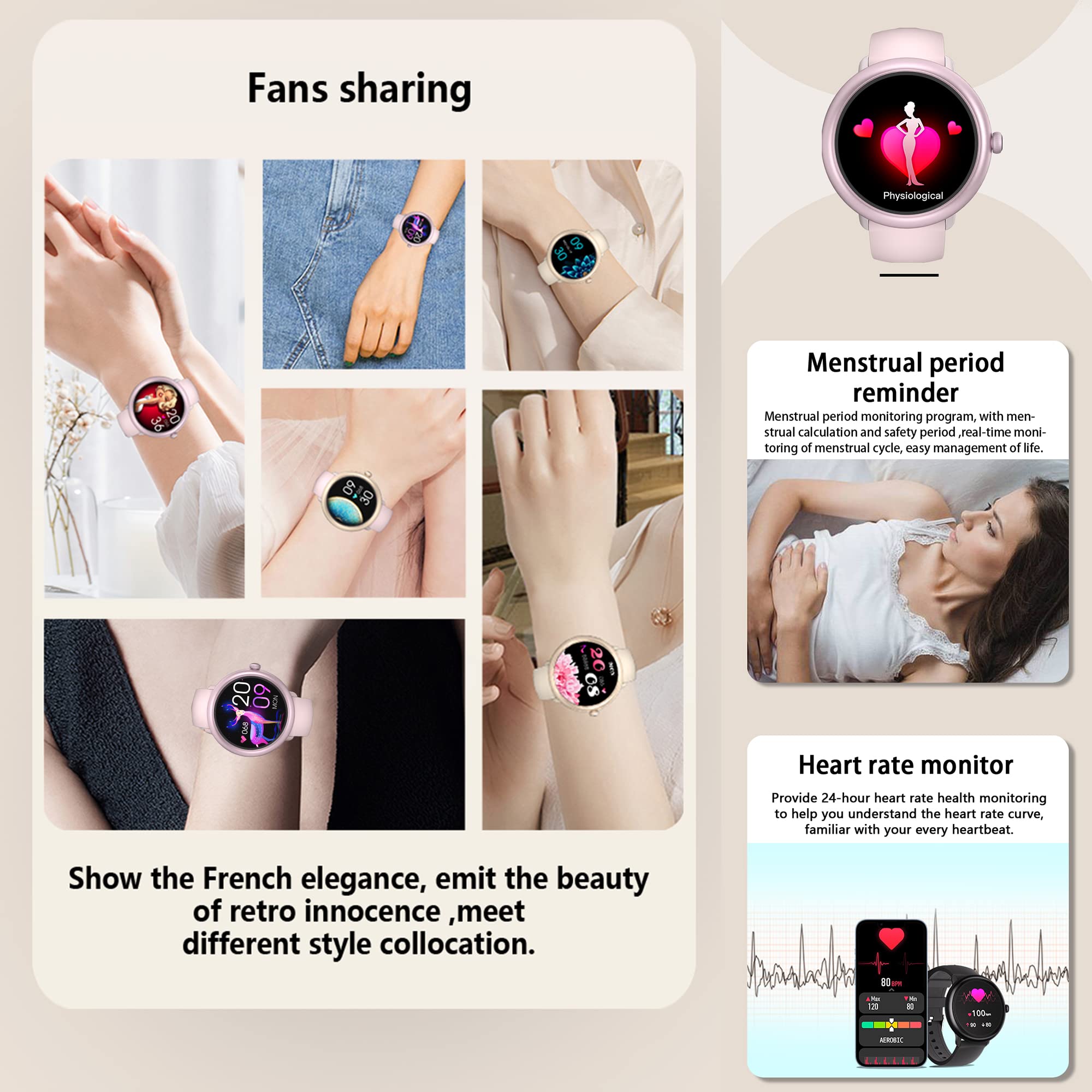 Damski smartwatch z funkcją kobiet, 1,09", inteligentny zegarek do systemu Android iOS, wodoodporny IP68, sportowy smartwatch z monitorem snu, SpO2, krokomierzem (różowy)