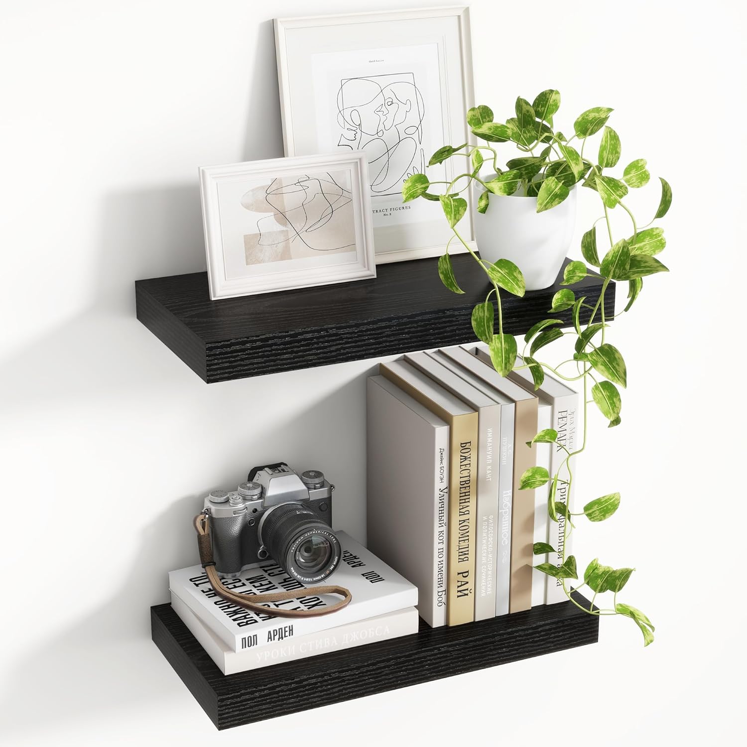 16 Inch Floating Shelves, 8 Inch Deep Floating Shelves for Wall, Hanging Shelf with Invisible Brackets, Deep Shelves for Bathroom, Bedroom, Living Room, Black, Set of 2