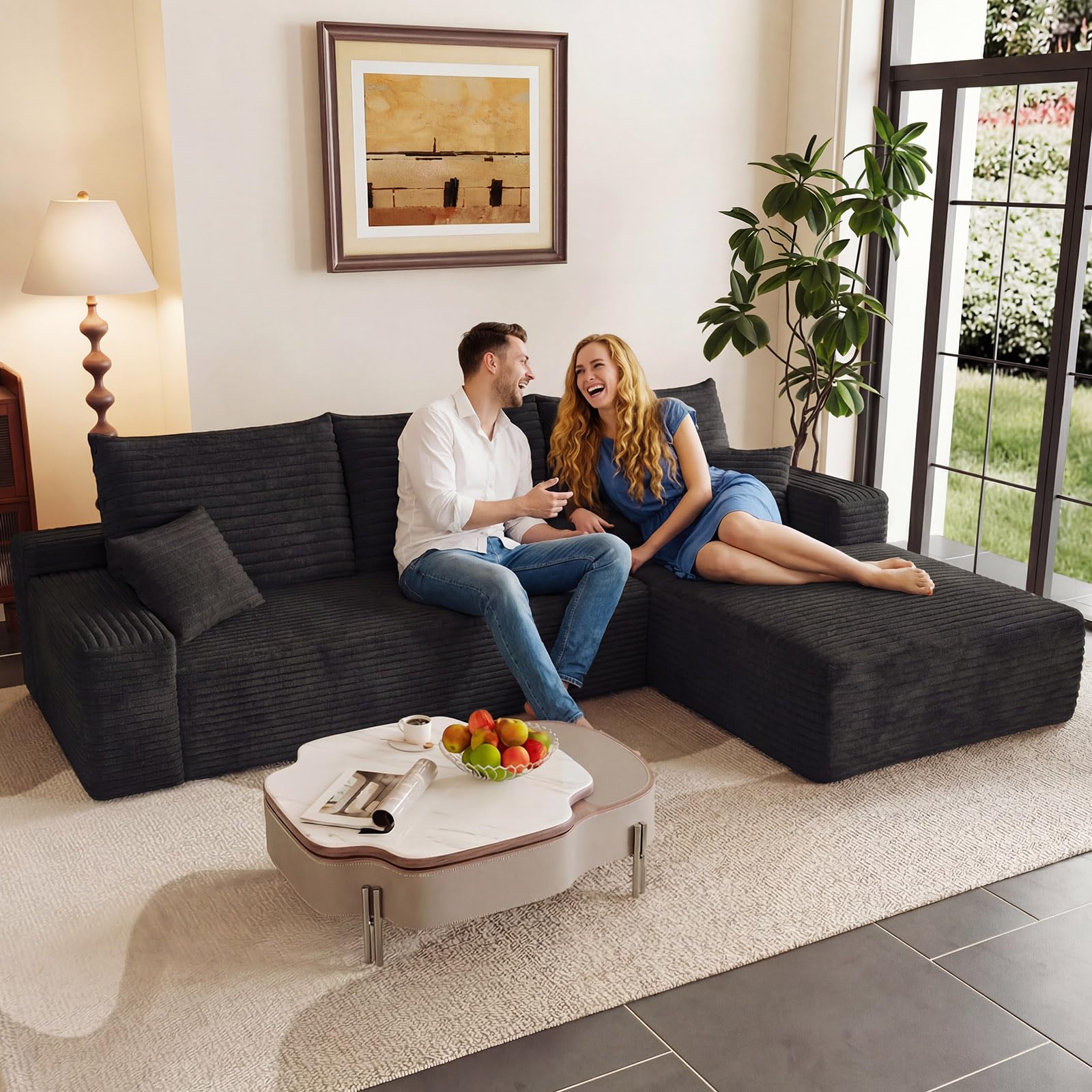 modular sectional sofa cloud sectional couch, 95" comfy fluffy l-shaped couches for living room, deep seat memory foam plush corduroy boneless couch sectionals no assembly (black,right-facing chaise) ( incomplete only one box)