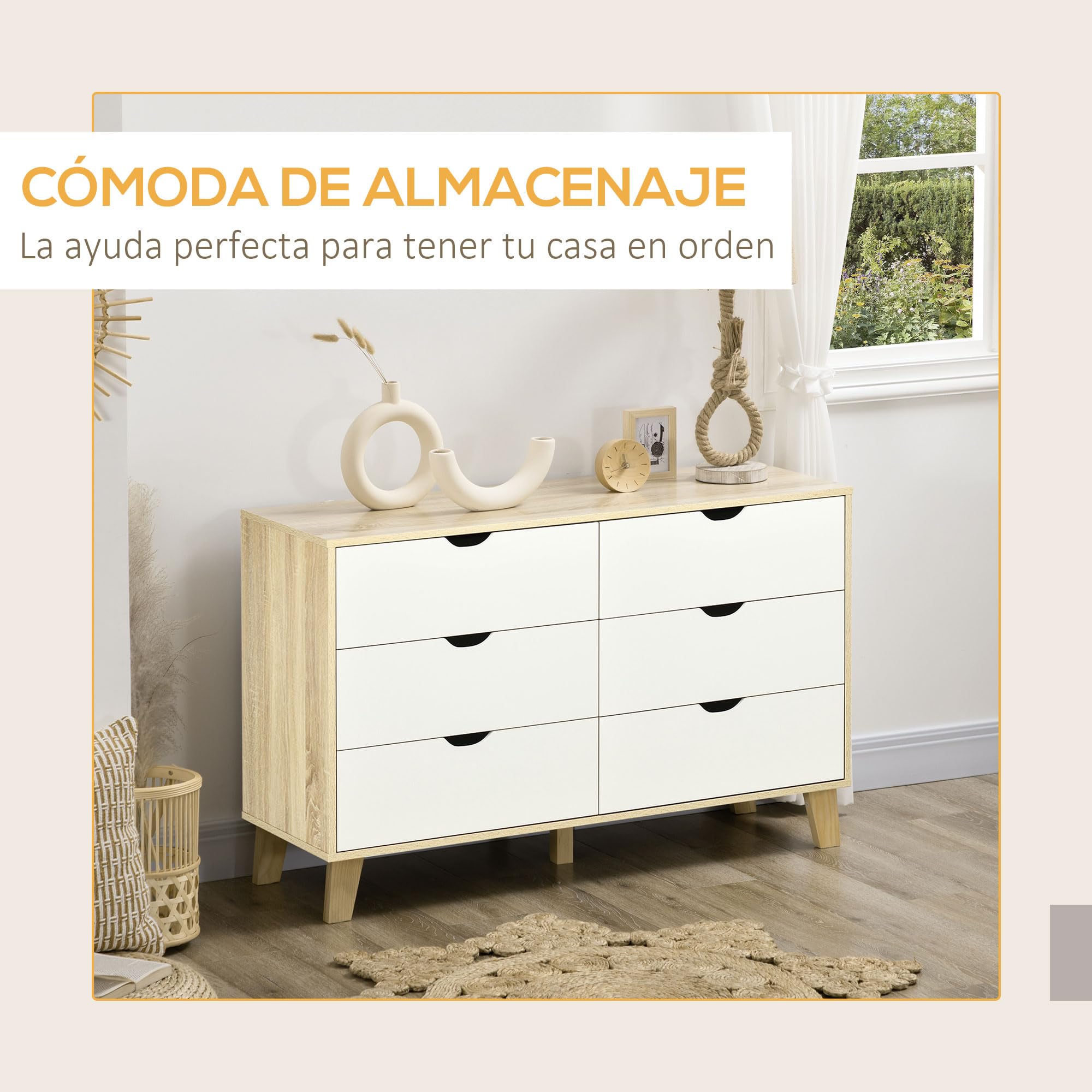 HOMCOM Cómoda con 6 Cajones Cajonera de Armario Mueble Organizador con Cajones para Cocina Dormitorio Salón Estudio Estilo Moderno Antivuelco 120x40x76 cm Natural y Blanco