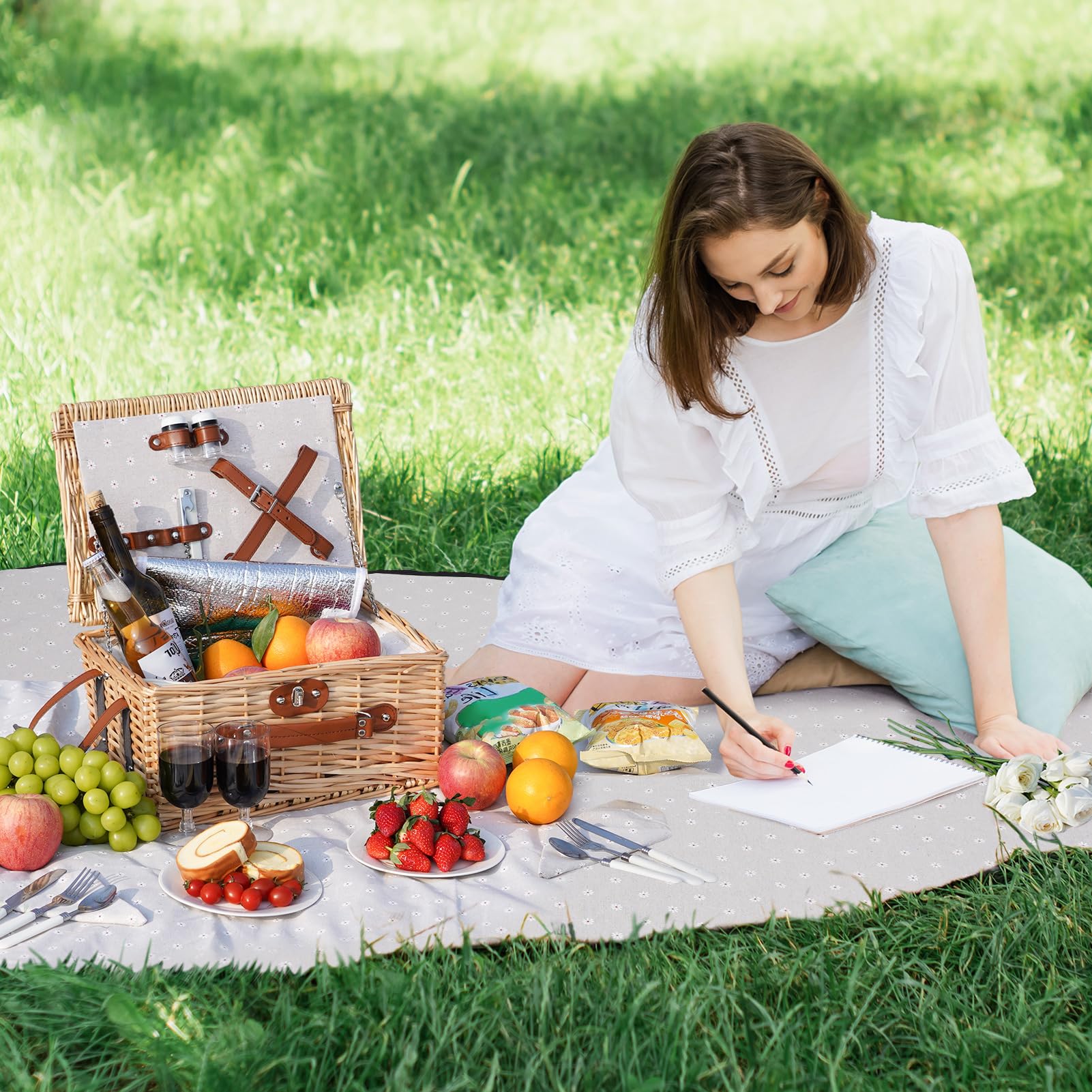HappyPicnic Picknickkorb-Set für 2 – Weiden-Picknickkorb mit wasserdichter Decke & isoliertem Innenfutter, großer handgefertigter Weidenkorb mit Besteckset für Outdoor, Picknick, Camping, Urlaub