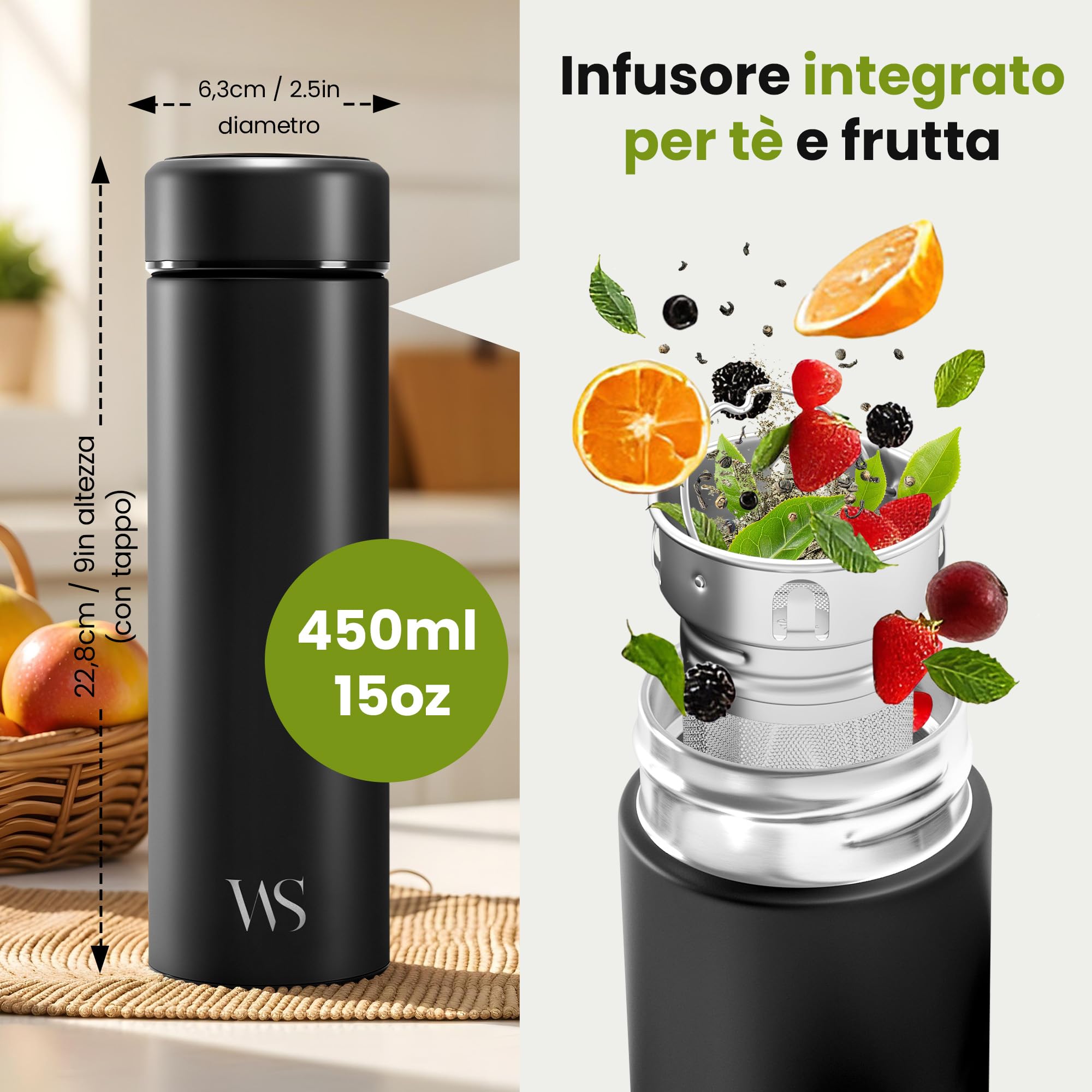 Infusore per tè/frutta e borraccia d’acqua + colino + inserimento per frutta senza BPA | 450ml bottiglia termica in acciaio inox con isolamento vuoto | ufficio, outdoor, scuola, sport – caffè, tè