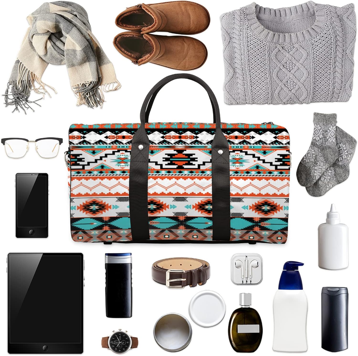 Aztec Western Travel Duffel Bag, Ethnic Aztec Geometric Sports Tote Gym Bag Foldable Western Aztec Weekender Bag Carry on Luggage Handle Bag Overnight Shoulder Bag for Women Men - Image 5