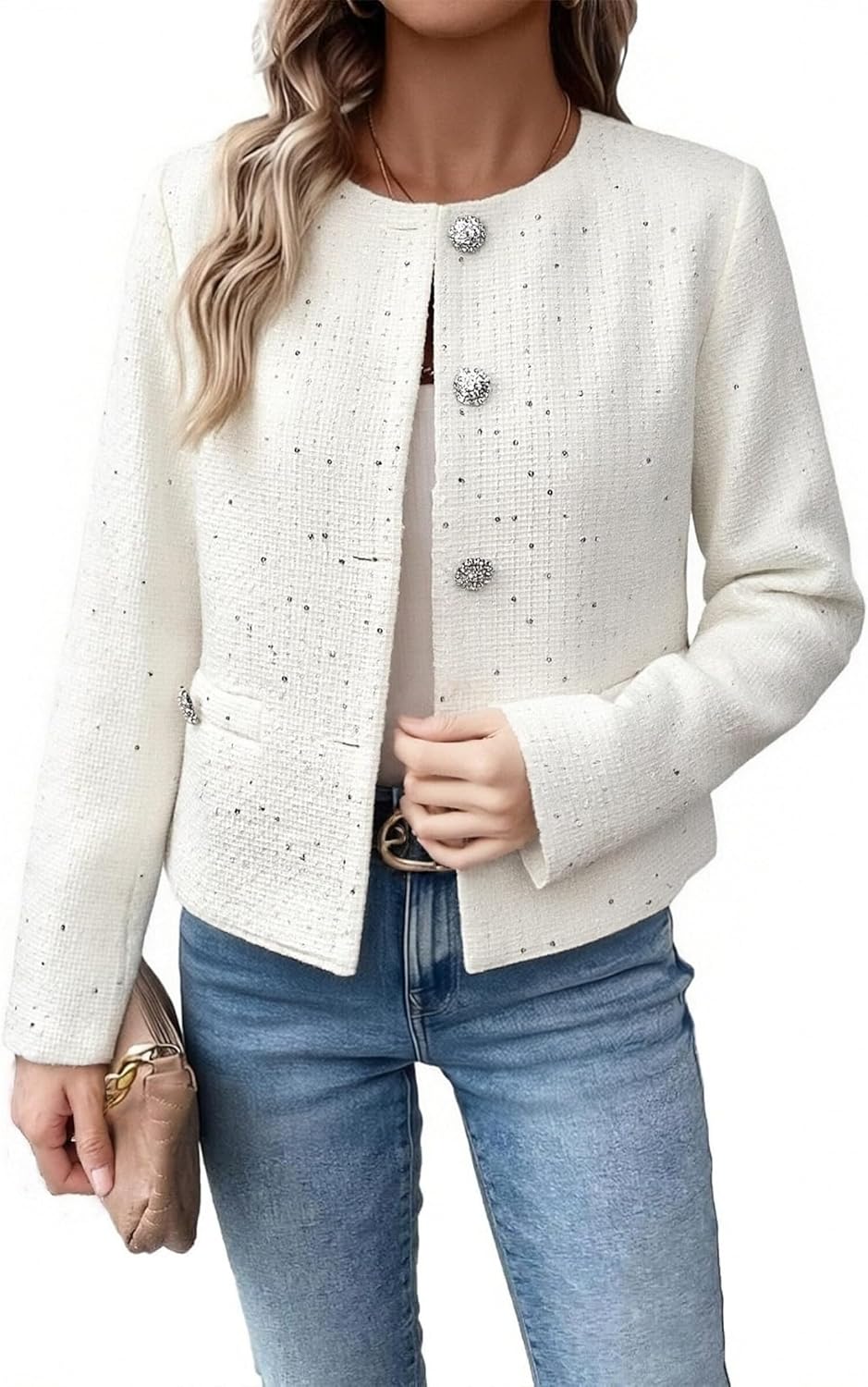 Womens Tweed Blazers Long Sleeve Open Front Lightweight Casual Jackets for Work Office