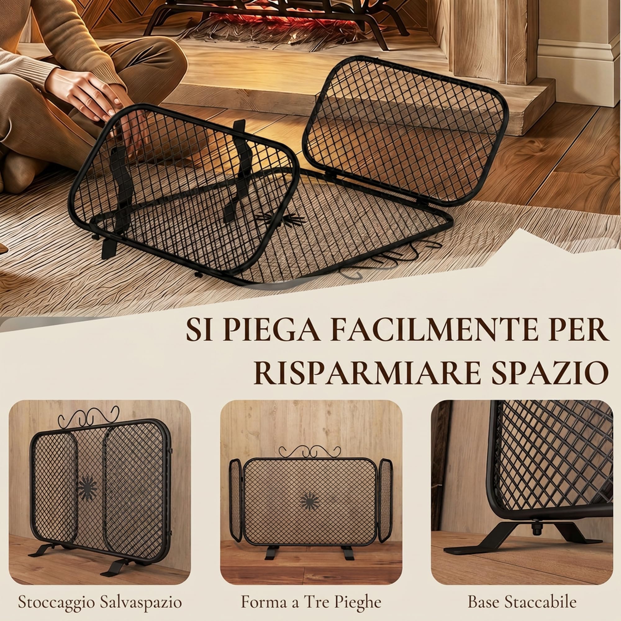 HOMCOM Parascintille Camino Pieghevole a 3 Pannelli, 90x16x40 cm, Nero