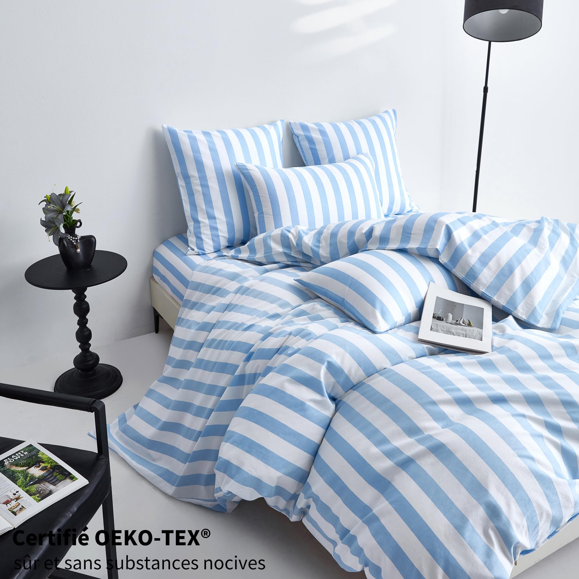 Funda nórdica de 200 x 200 cm, algodón, color azul claro y blanco a rayas, juego de cama de 200 x 200 cm, algodón, estilo moderno, suave, transpirable, ropa de cama para 2 personas, con