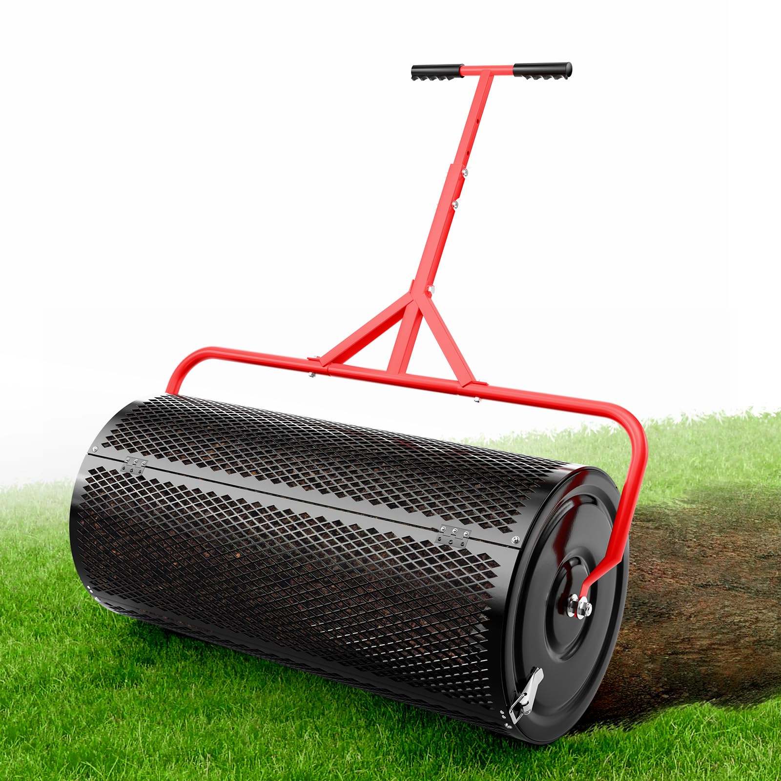 Compost Peat Moss Spreader for Lawn, 30 Inch Compost Roller Spreader with Adjustable T-Shaped Handle, Upgraded Side Clasps, Durable Lightweight Metal Roller, Lawn Garden Yard Care