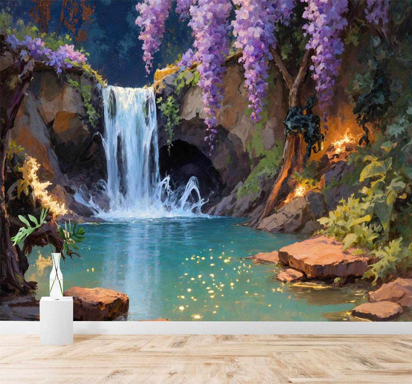 XLMING Purple Flowers Waterfall Forest Stream Twinkling Lights 3D Wallpaper Silky Texture Home Study Office Grey Dining Room Sofa Bedroom Living Room TV Backdrop-400cm×280cm