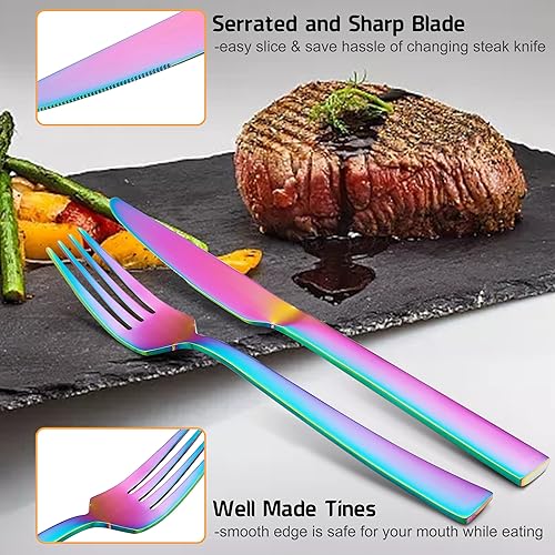Miniatura 4 de E-far Juego de cubiertos mate arcoíris para 4, juego de cubiertos de acero inoxidable de 20 piezas con mango cuadrado, cubiertos coloridos,