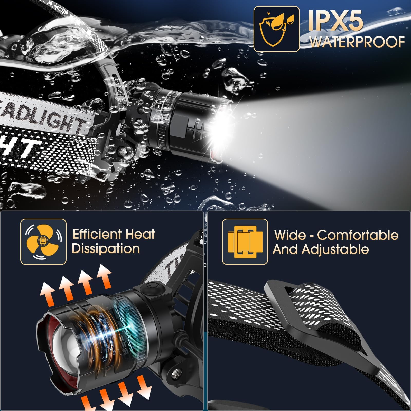 AdamStar Linterna frontal recargable, paquete de 2 faros profesionales de 120000 lm, luz LED superbrillante con luz de advertencia roja, 5 modos, sensor de movimiento ajustable de 90°, zoom para