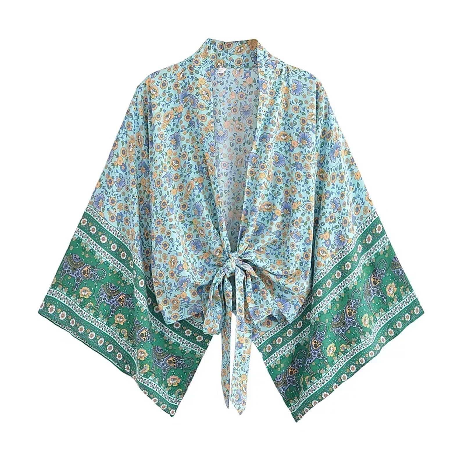 Sexy Vestido De Baño Cubrir Ropa Kimono corto con estampado floral y fajas for mujer, pareo de bikini for playa