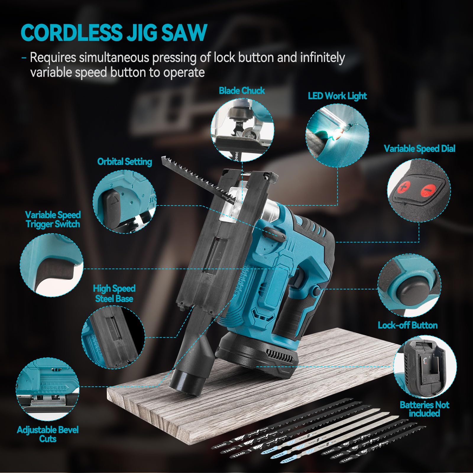 Scie sauteuse électrique sans fil pour Makita 18 V, 500 W sans balais avec lumière LED, angle de coupe biseauté ± 45°, 9 lames à tige en T, course de 19 mm pour bois, plastique, métal