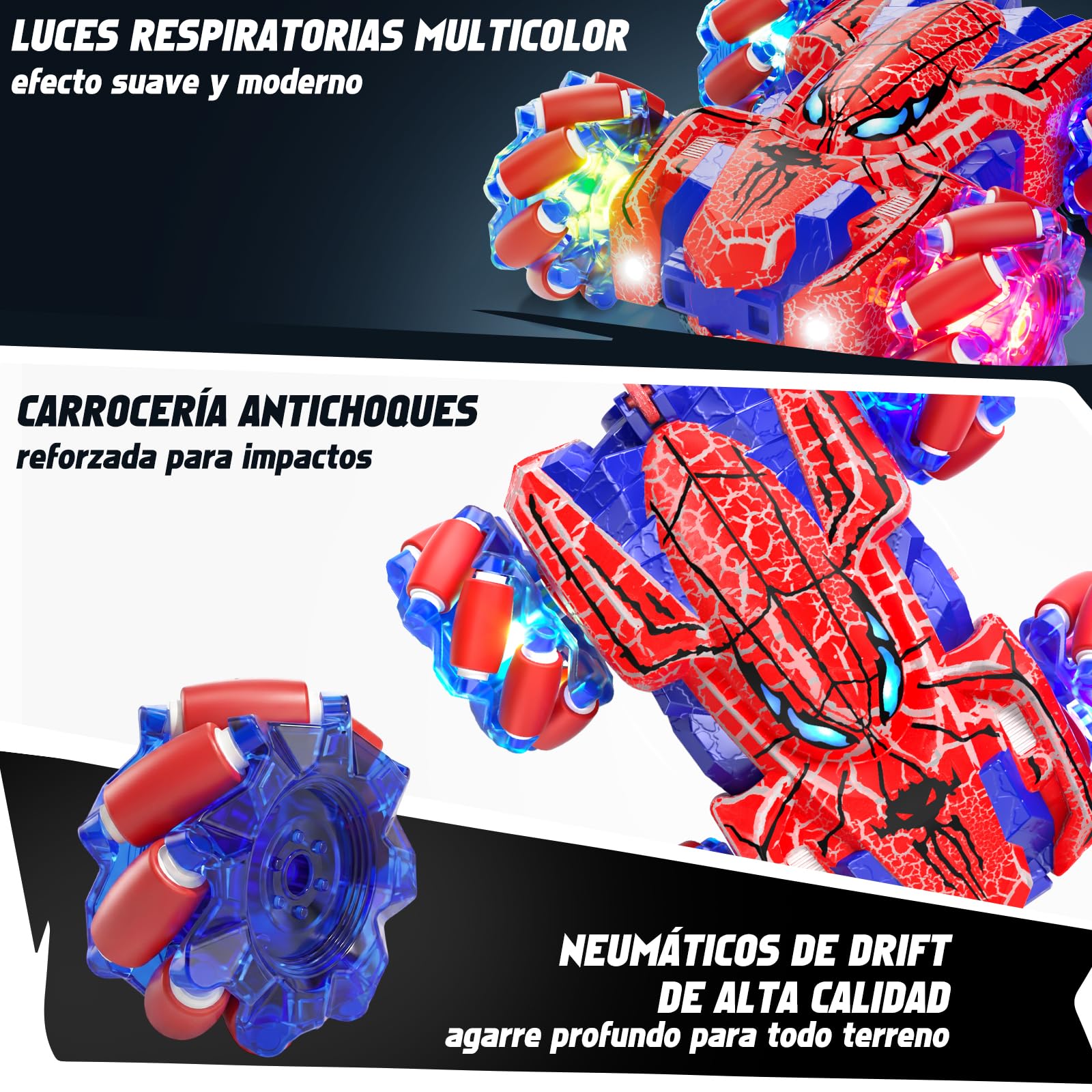 Spider Coche Teledirigido con Reconocimiento de Gestos a Partir de 4 5 6 7 8 9 10 11 12 años, Coches RC Doble Cara con Iluminación Completa, 2,4 GHz Coche Stunt RC Recargable con Mando a (Rojo)