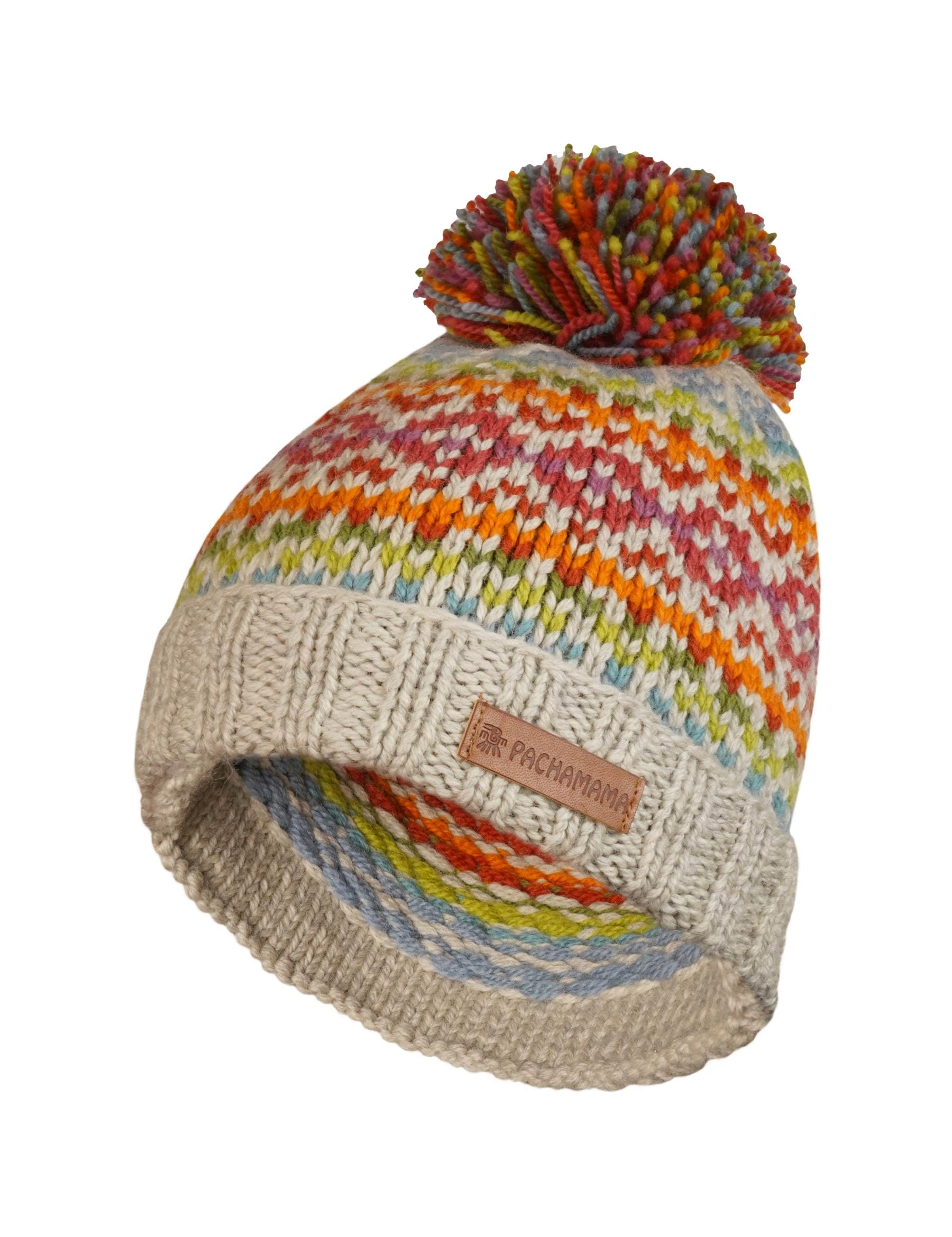 Pachamama Women 100% Pure Fine Merino Wool Beanie Bobble Hat Handknitted Fairisle Colourful One-Size Handmade Soft Warm Breathable Moisture Wicking Fair Trade (UK, Alpha, One Size, Oatmeal)
