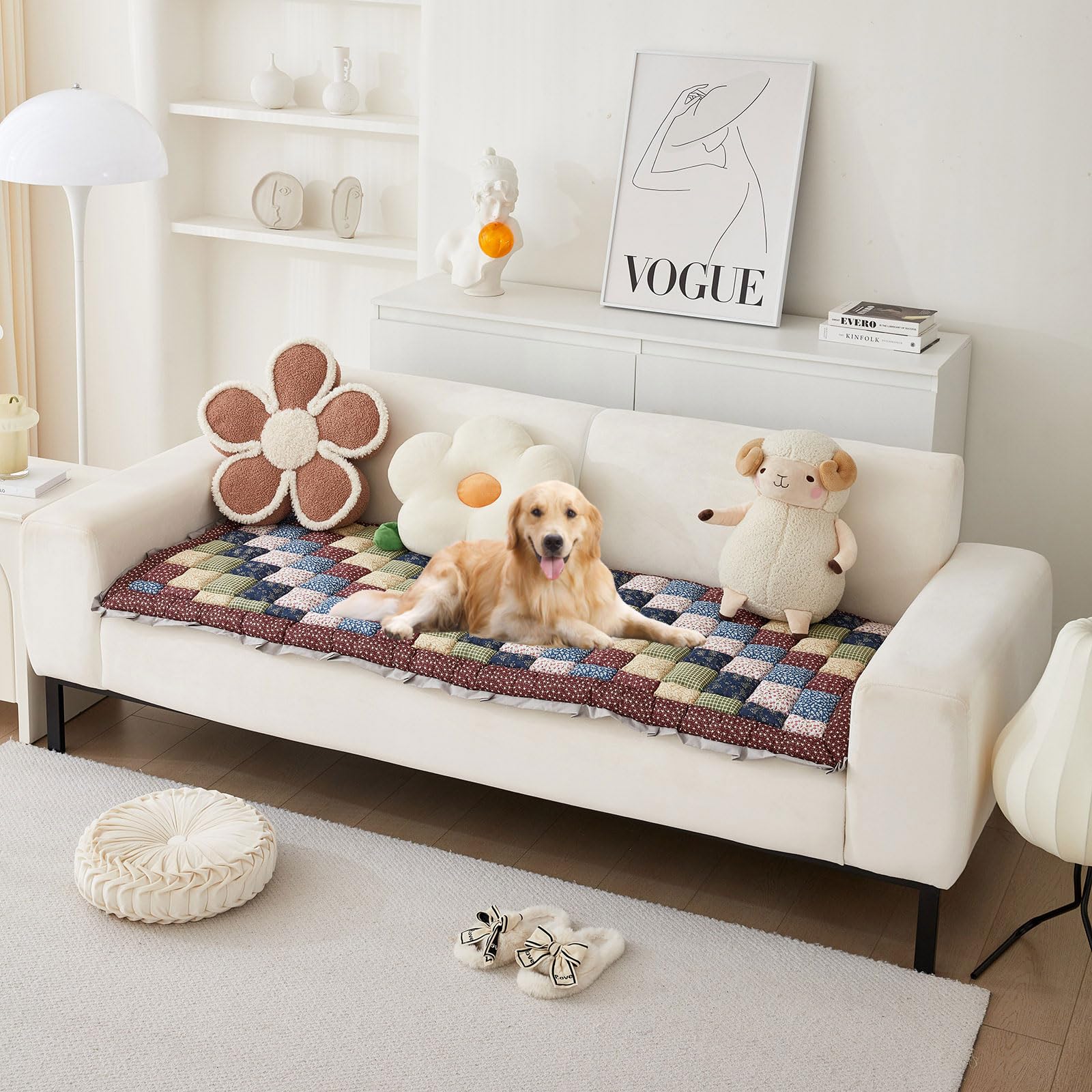 DREAMINGO Quilted Couch Covers for Sofa Fuzzy Pet Sofa Cover Protector Non Slip Cotton Checkerd Couch Cover for Dogs Washable Thick Flufly Dog Bed Couch Cover Ruffle Edge Coffee Blue, 27.6"x59.1" — image 1