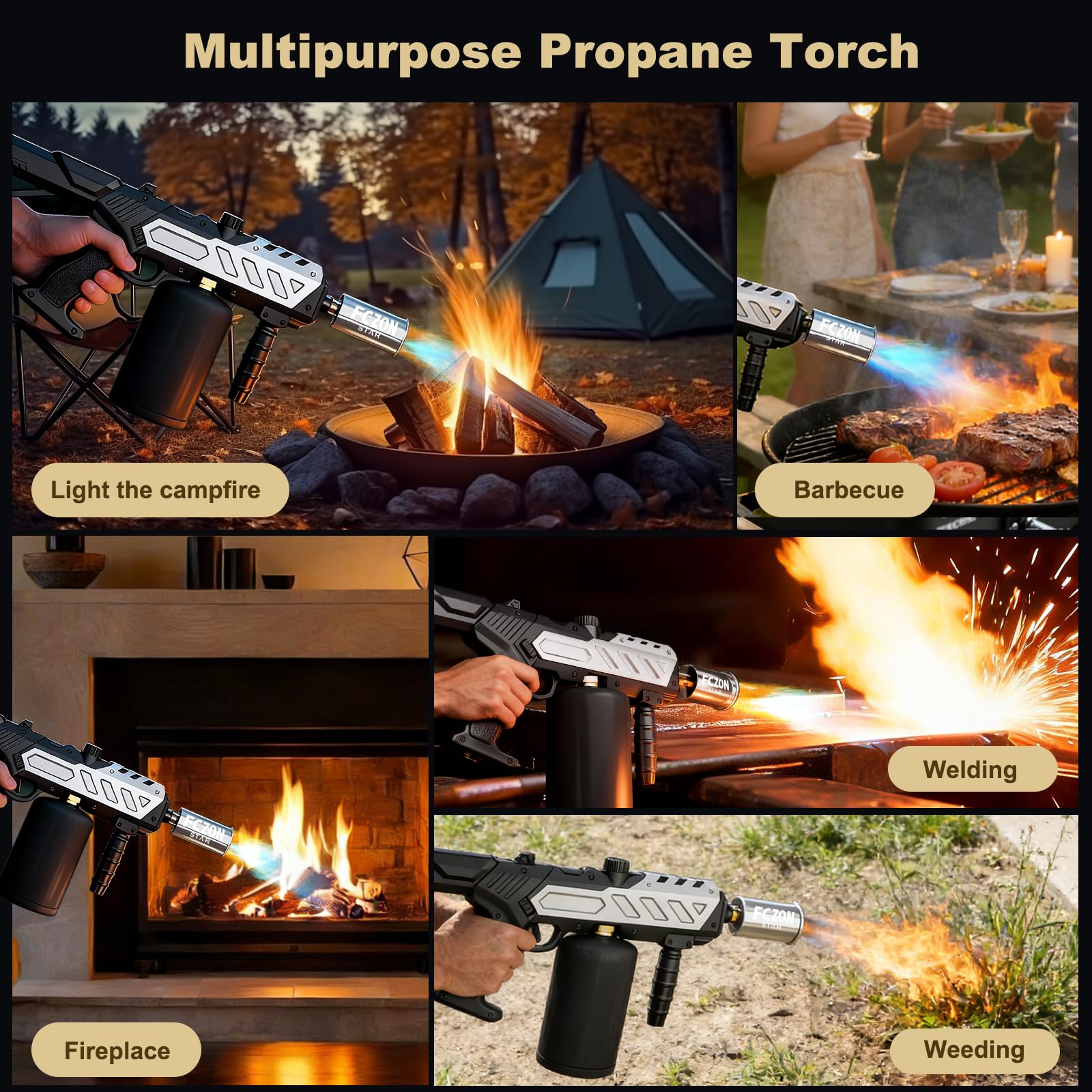FCZON - Pistola lanciafiamme, torcia a propano staccabile con fiamma regolabile, potente torcia per barbecue, bistecche, saldature, campeggio (serbatoio di propano non incluso)