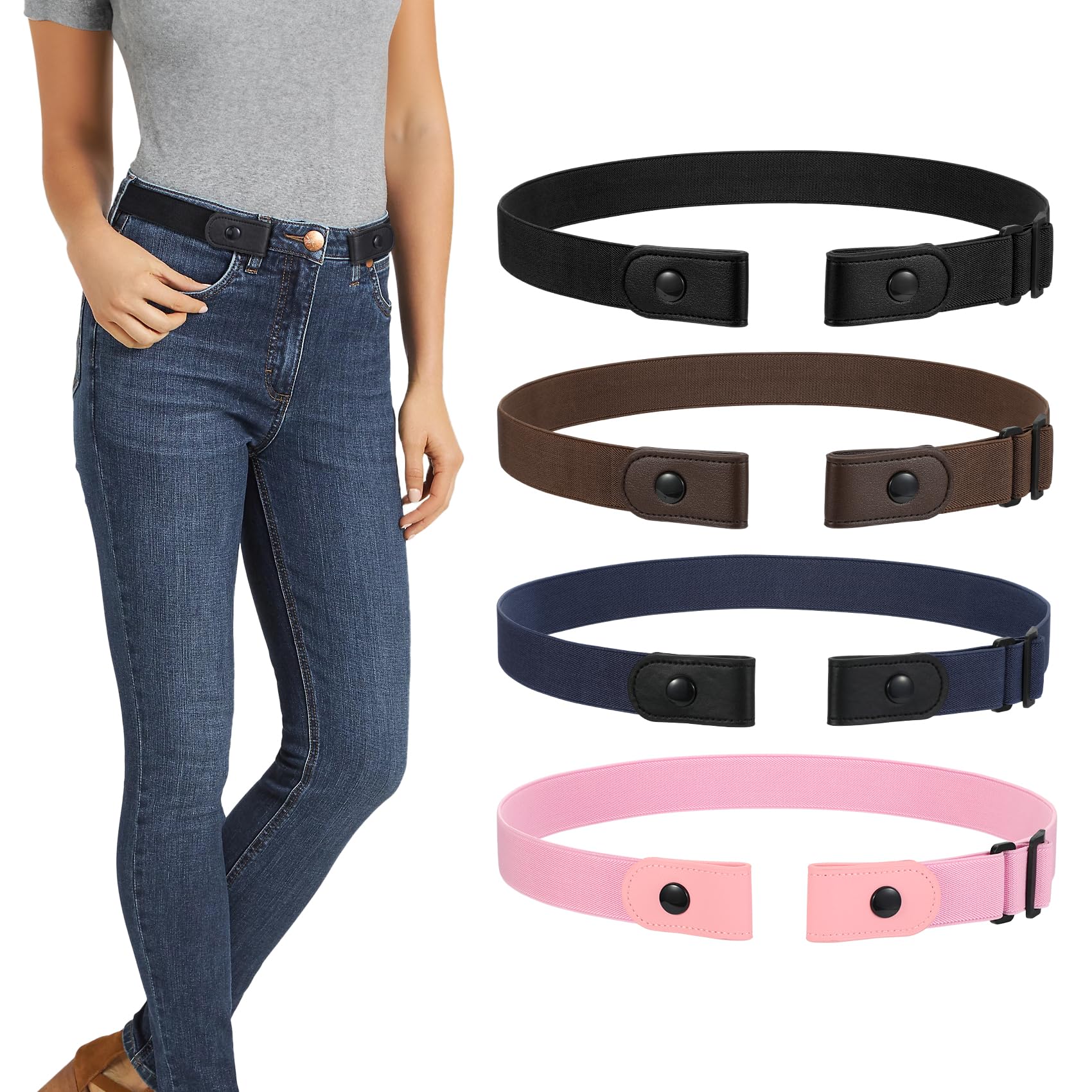 WERFORU 4 Pack No Buckle Invisible Stretch Belt Buckle-Free Elastic Belt for Women and Men Metal Free No