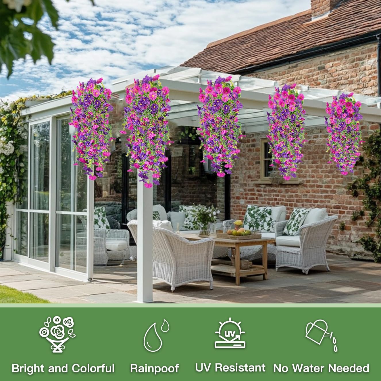 Artificial Hanging Flowers for Outdoors, 2 Pcs Fake Hanging Plant Summer Fall Decor, UV Resistant No Fade Faux Flower for Front Door Porch Planter Patio Yard Garden(Purple+Fuchsia) - Image 6