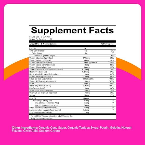 SmartyPants Teen Girl Plus Multi & Omegas Multivitamin Gummies with Omega 3 DHA/EPA, Vitamins C, D3, B12, B6, A, K, Zinc, Biotin, Gluten Free, Clean Label, Fruit Flavor, 60 Gummies (30 Day Supply)