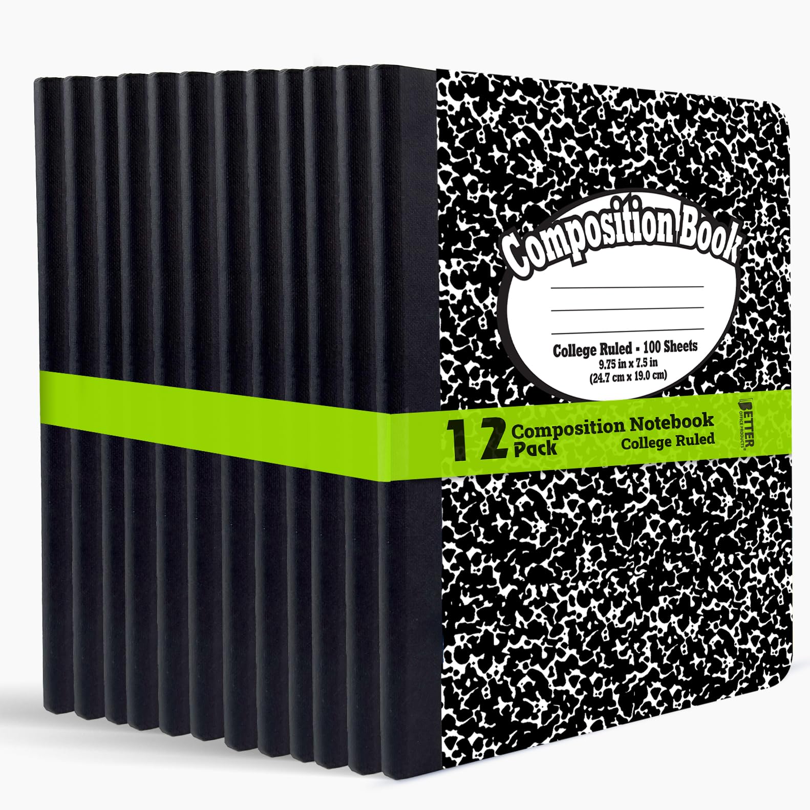 Better Office Products Composition Book Notebook - Hardcover, College Ruled (9/32-inch), 100 Sheet, One Subject, 9.75" x 7.5", Black Cover-12 Pack