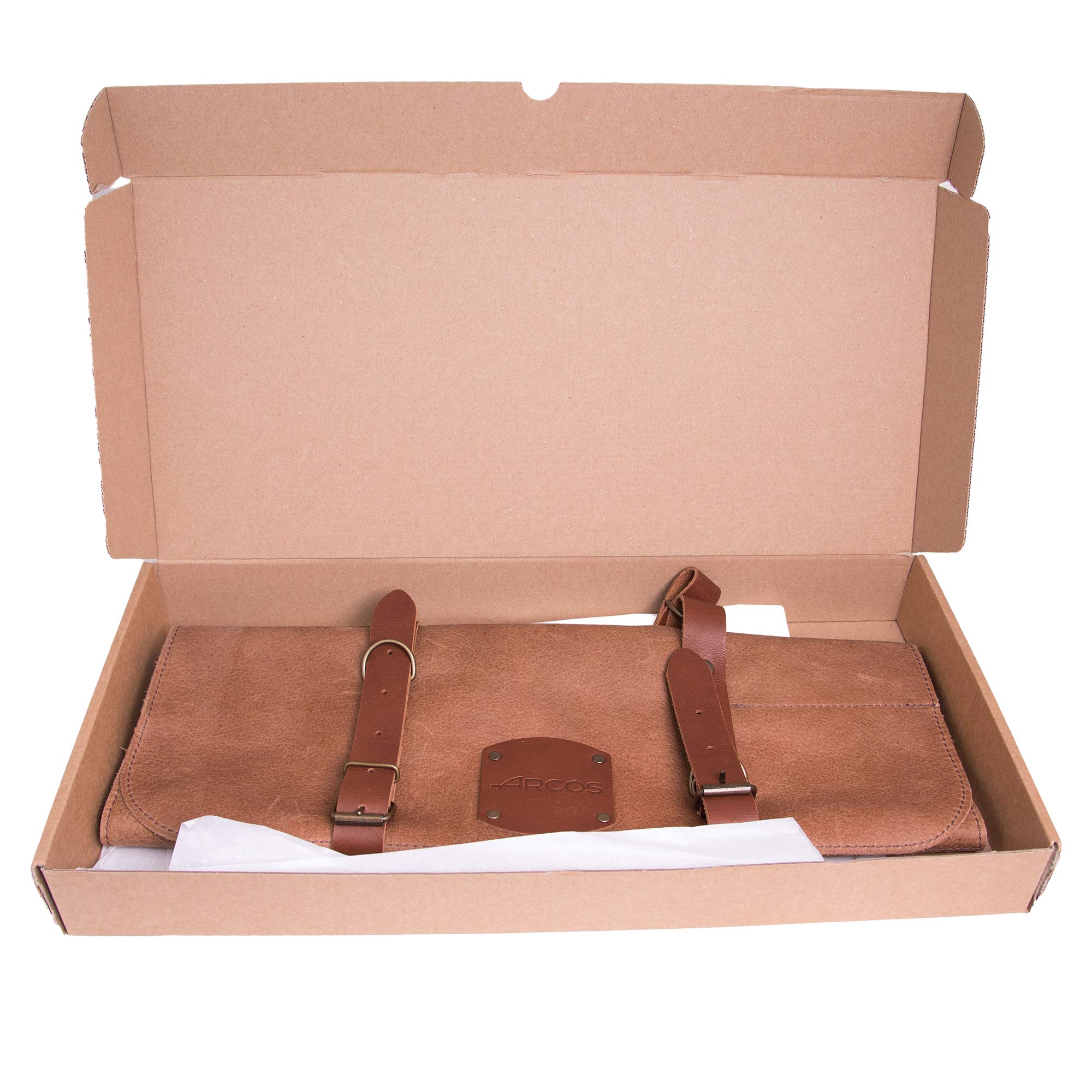Arcos Bolsa Cuchillos Bolsa Cuchillos Cocina Profesional Estuche Profesional Porta Cuchillos 5 pzas | 42 cm Largo | Asa para Transportar| Cuero Color Miel| Hebilla Ajustable