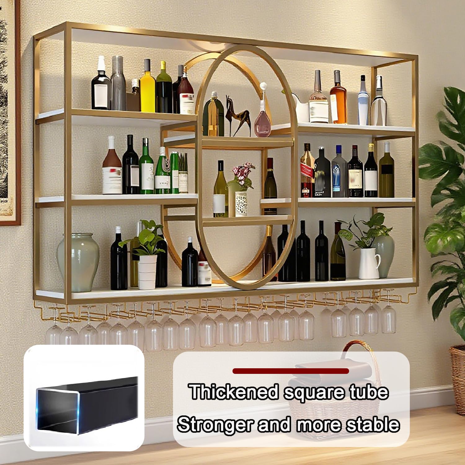 140CM Portabottiglie da parete grande, portabottiglie sospeso in metallo a 4 ripiani con ripiani per bicchieri, mensole sospese moderne per la decorazione di bar e sala da pranzo (Oro)