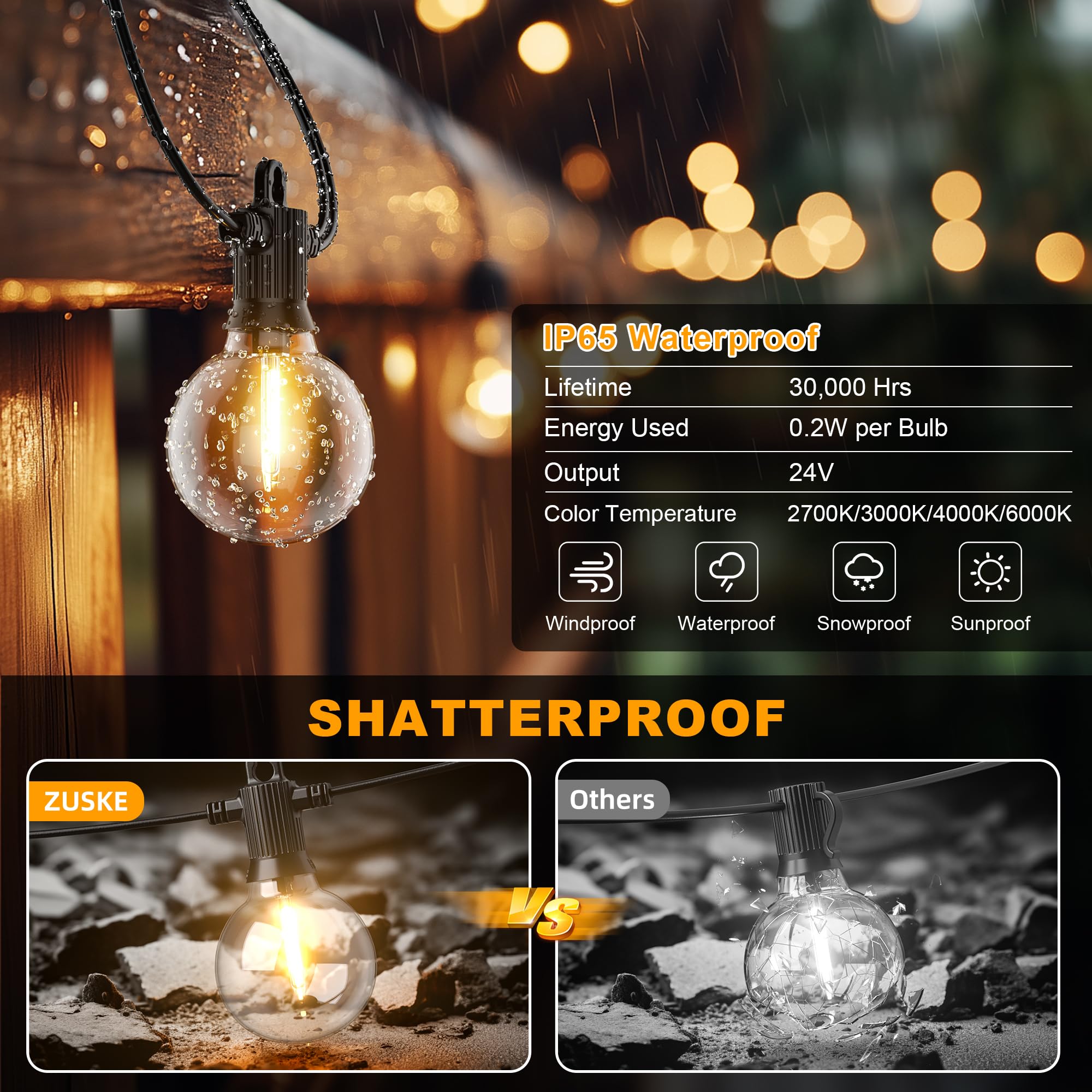 Zuske Festoon Lights Outdoor 15m/50FT, Outdoor String Lights Mains Powered - Image 3