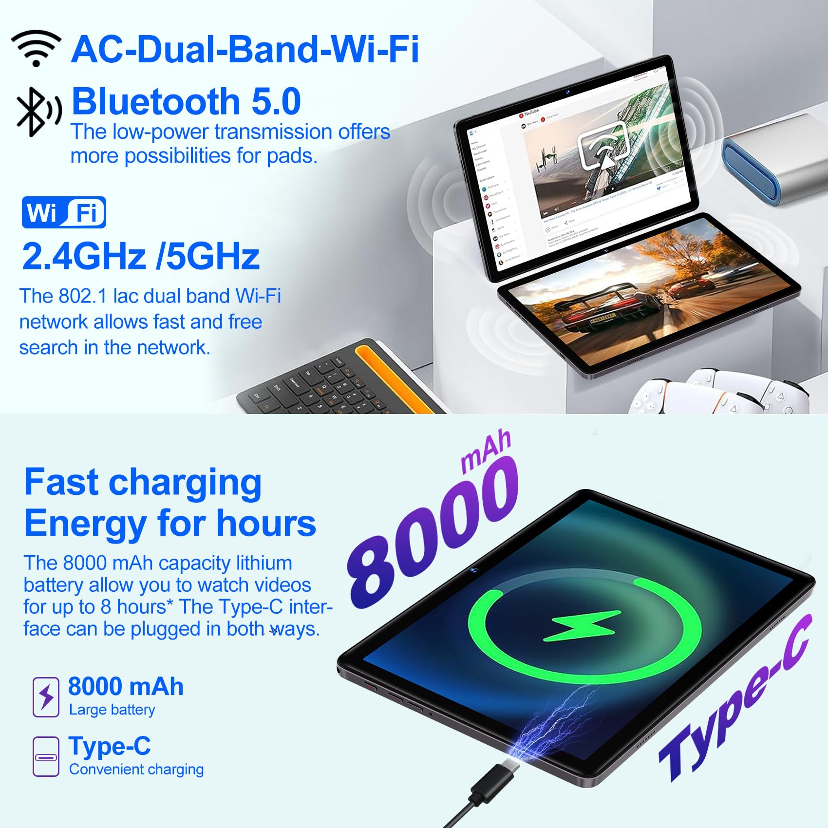 Android 13 Tablet 10 Pollici con 14GB RAM+128GB ROM(1TB Espanso), Octa-Core, WiFi 5G, Fotocamera 8MP+5MP, 8000mAh, Tablet con Tastiera e Mouse, BT5.0/GPS/OTG, Marrone