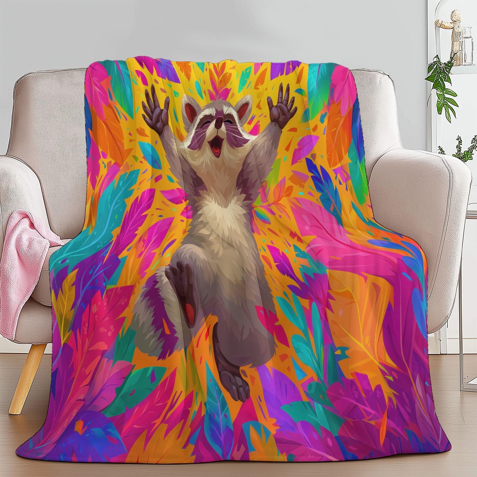 Genérico Koc na sofę zwierzęta szop kolorowe liście 180 x 220 cm wyjątkowo miękki i przytulny koc flanelowy, koc polarowy Sherpa, koce na łóżko, koce z nadrukiem, na cały sezon