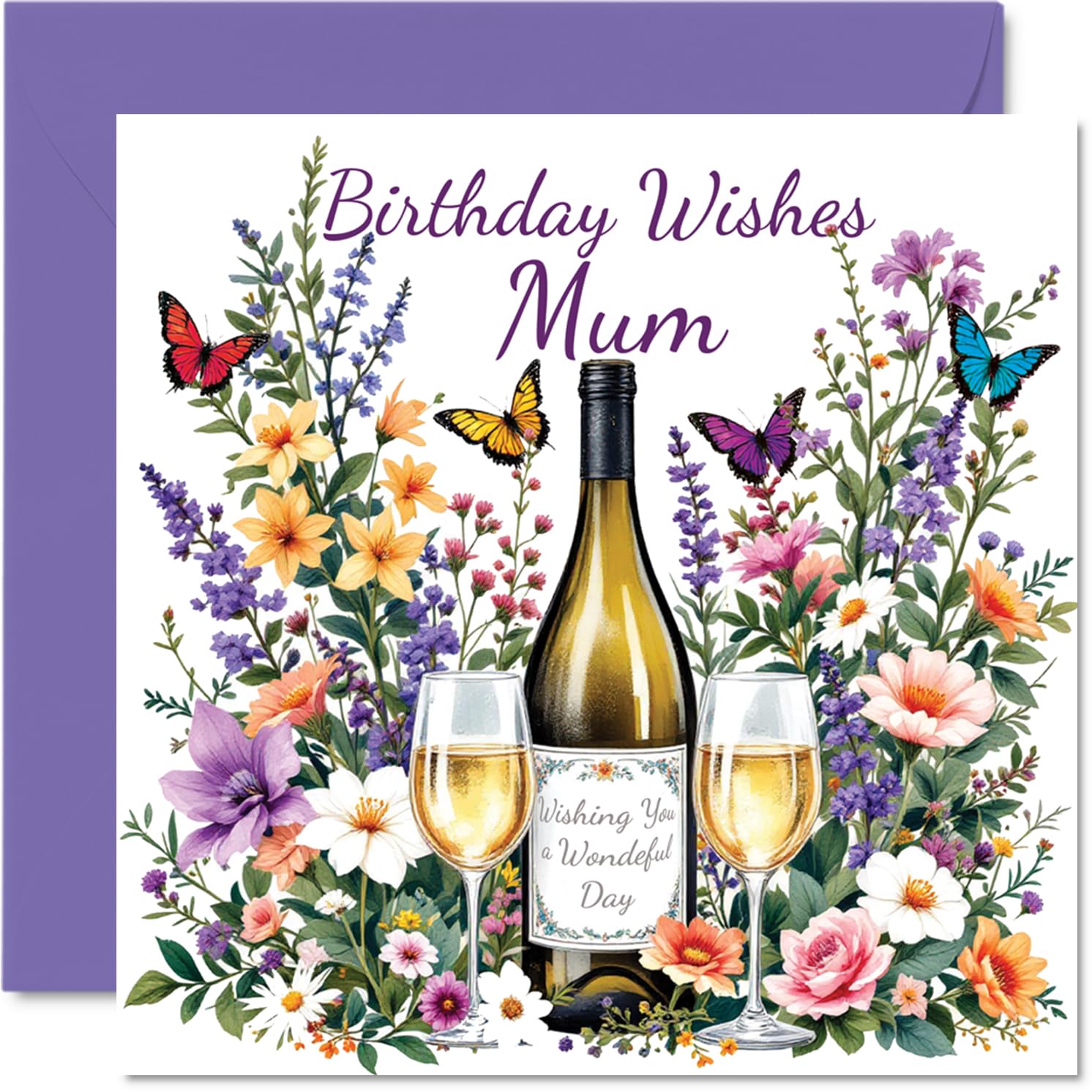 Mum Birthday Card - Flowers & Wine - Happy Birthday Card for Mum from Son Daughter, 145mm Flowers & Wine Bday Greeting Cards