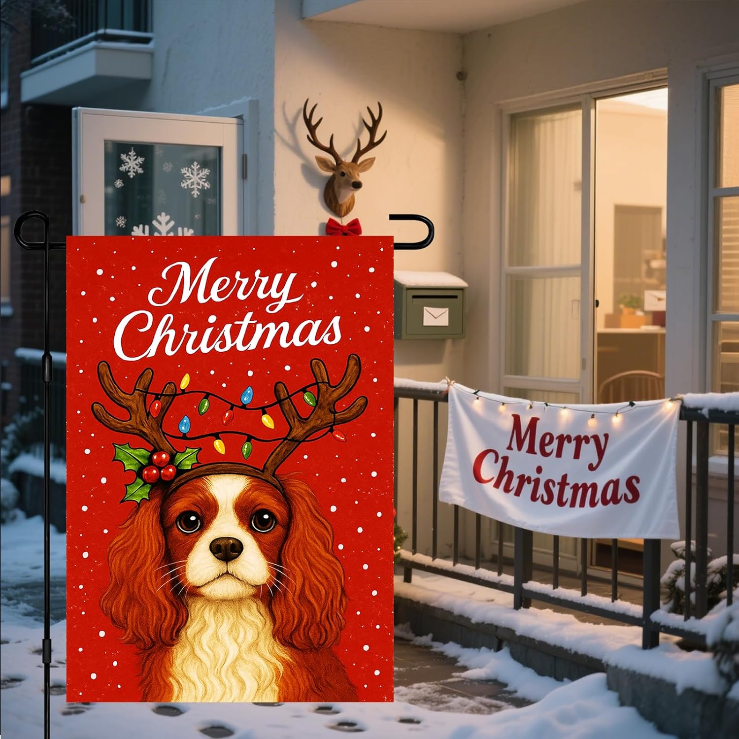 Christmas Garden Flag 12x18 Inch Welcome Cavalier King Charles Spaniel Outdoor Flag Double Sided Holiday Puppy Yard Banner with Antlers and Lights for Porch Lawn Patio - Image 6