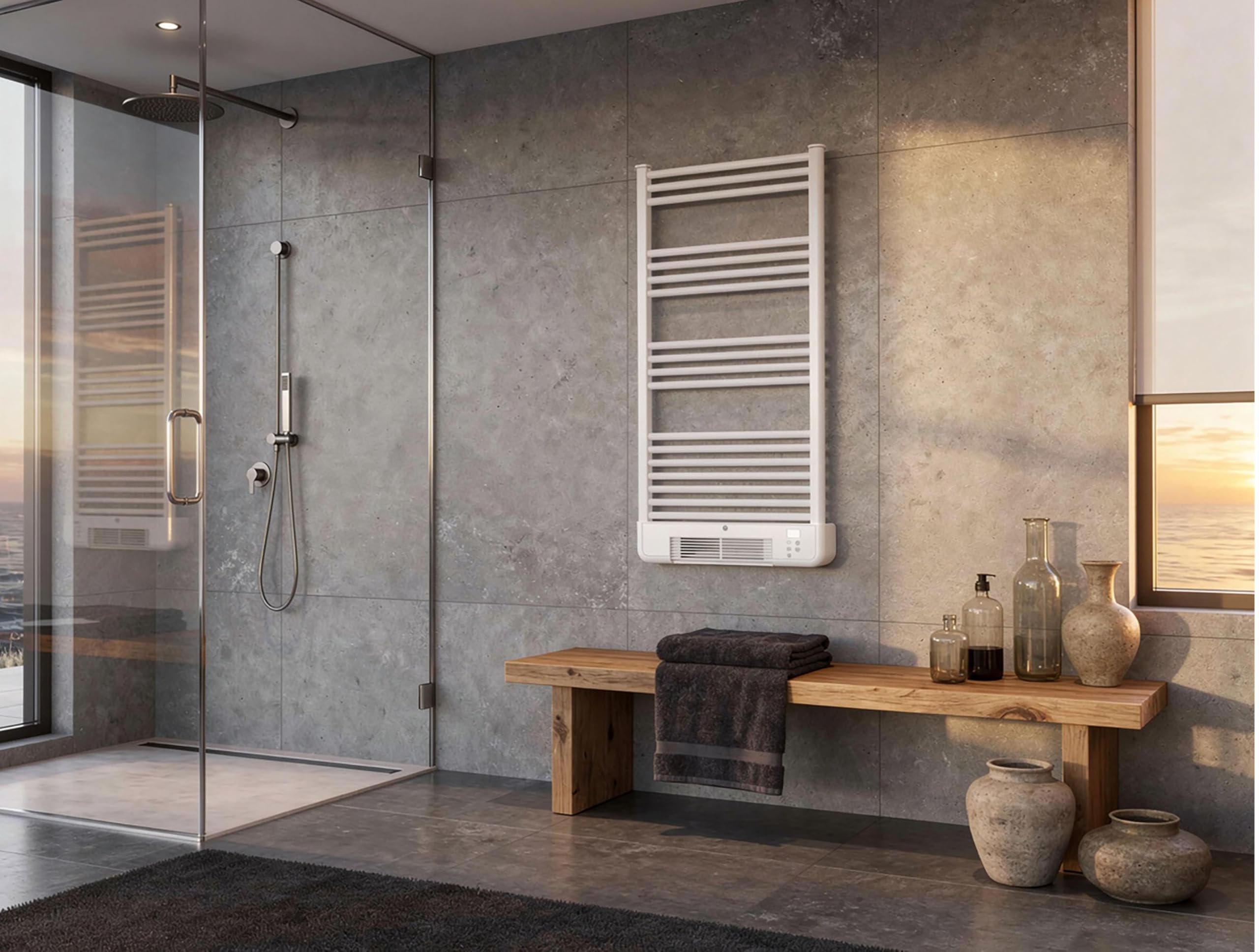PUR LINE | Radiador NTW-11B Turbo Radiador Toallero Eléctrico Blanco con Calefactor Integrado – Toallero eléctrico con Control WiFi, Display LED táctil, termostato programable y protección IP24