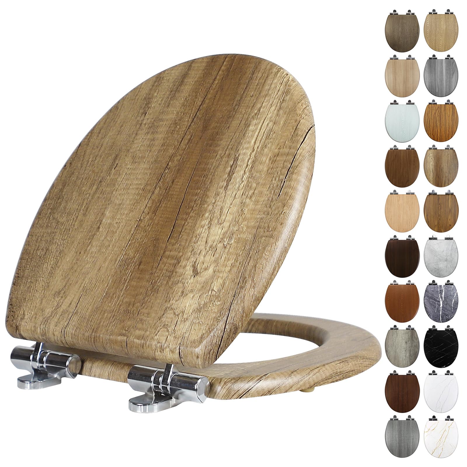 Fanmitrk Wooden Toilet Seat Soft Close, 18mm Thickened MDF Wood Toilet Seat with Adjustable Strong Zinc Alloy Hinges, Comfortable, Durable, Easy Cleaning (MFG196-3)