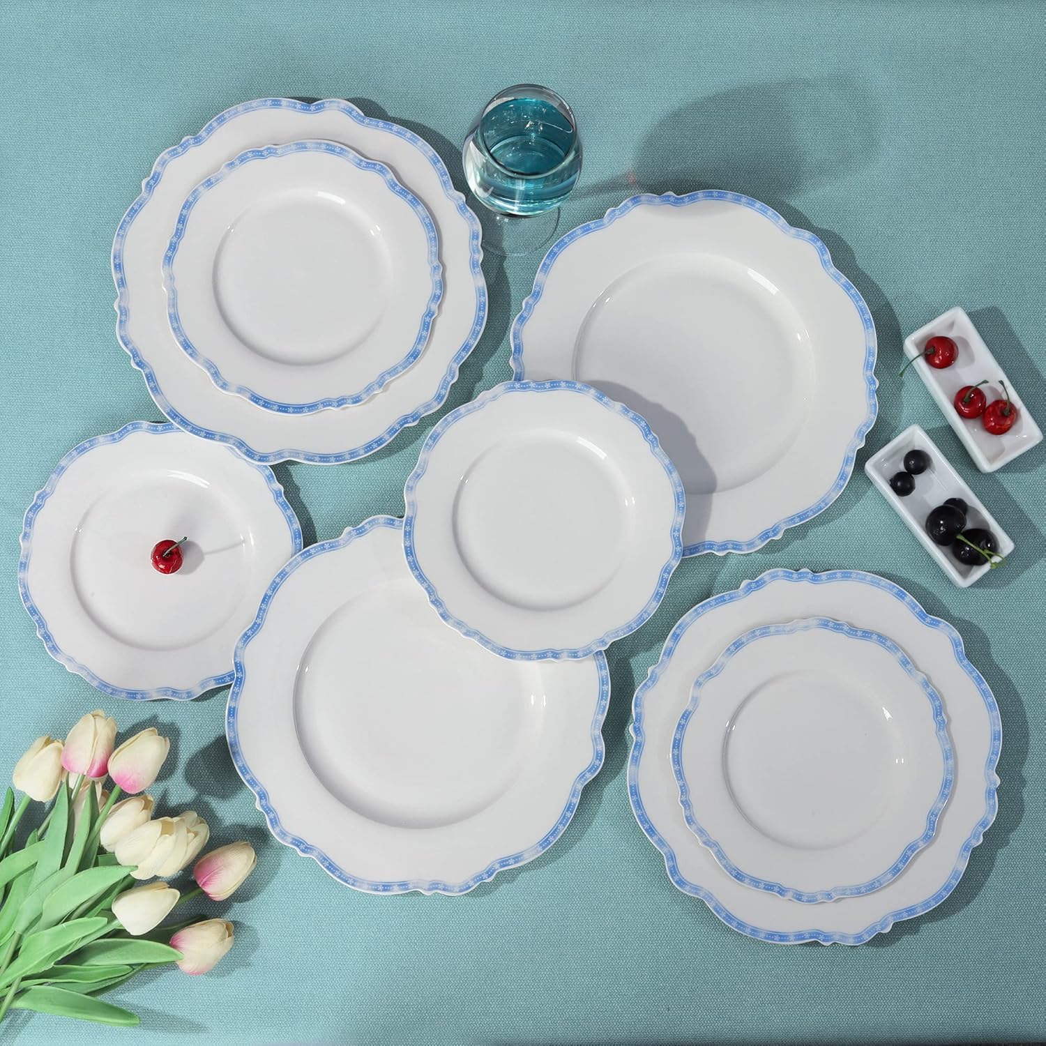 fanquare Juego de 4 Platos de Porcelana con Borde Estrella Azul, 27,5 cm Platos Llanos Redondos Vajilla Grande de Casa Gastronomía | Platos curvados para comidas diarias, fiestas, banquetes, microondas