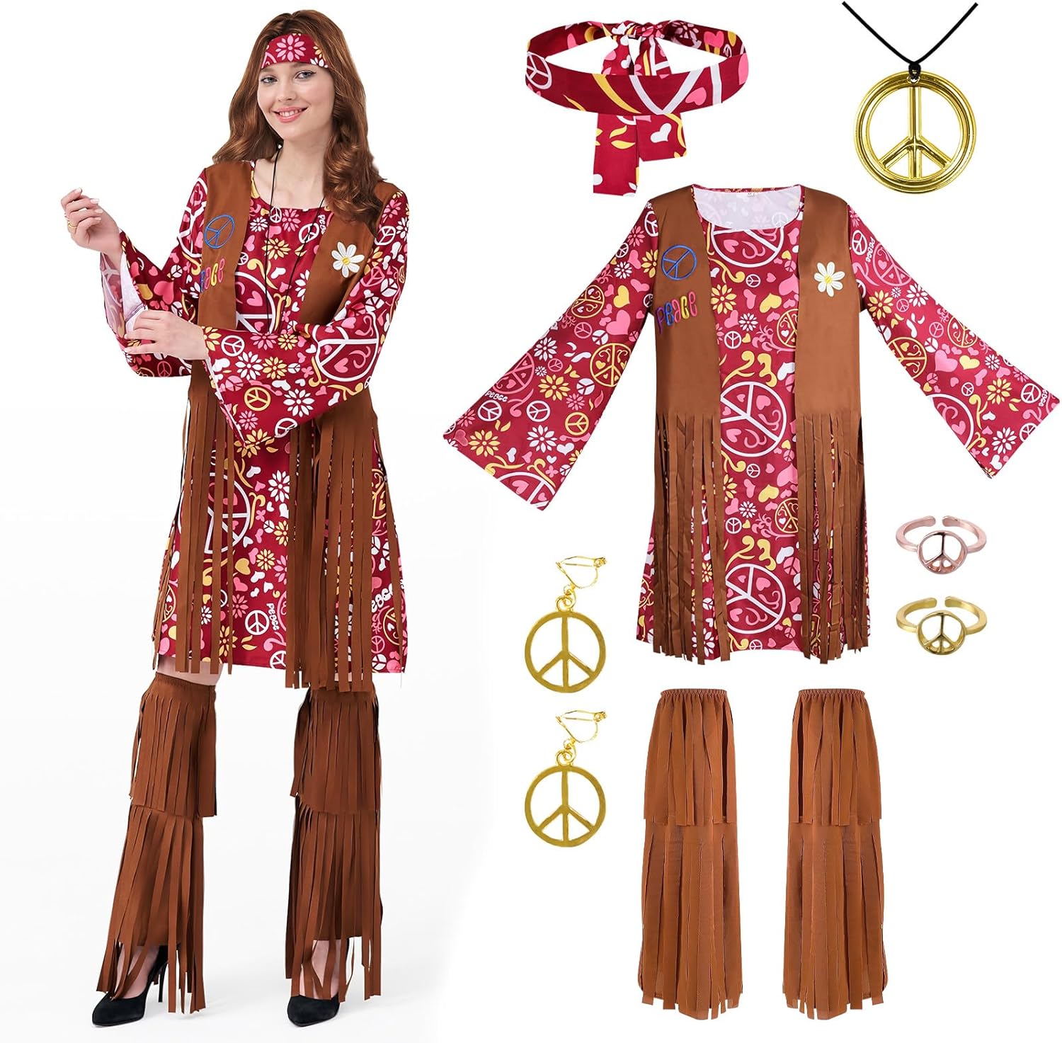 MGparty 60s 70s Outfits for Women Hippie Costume Set Disco Outfits Accessories for Women's Halloween Party Dress XX-Large