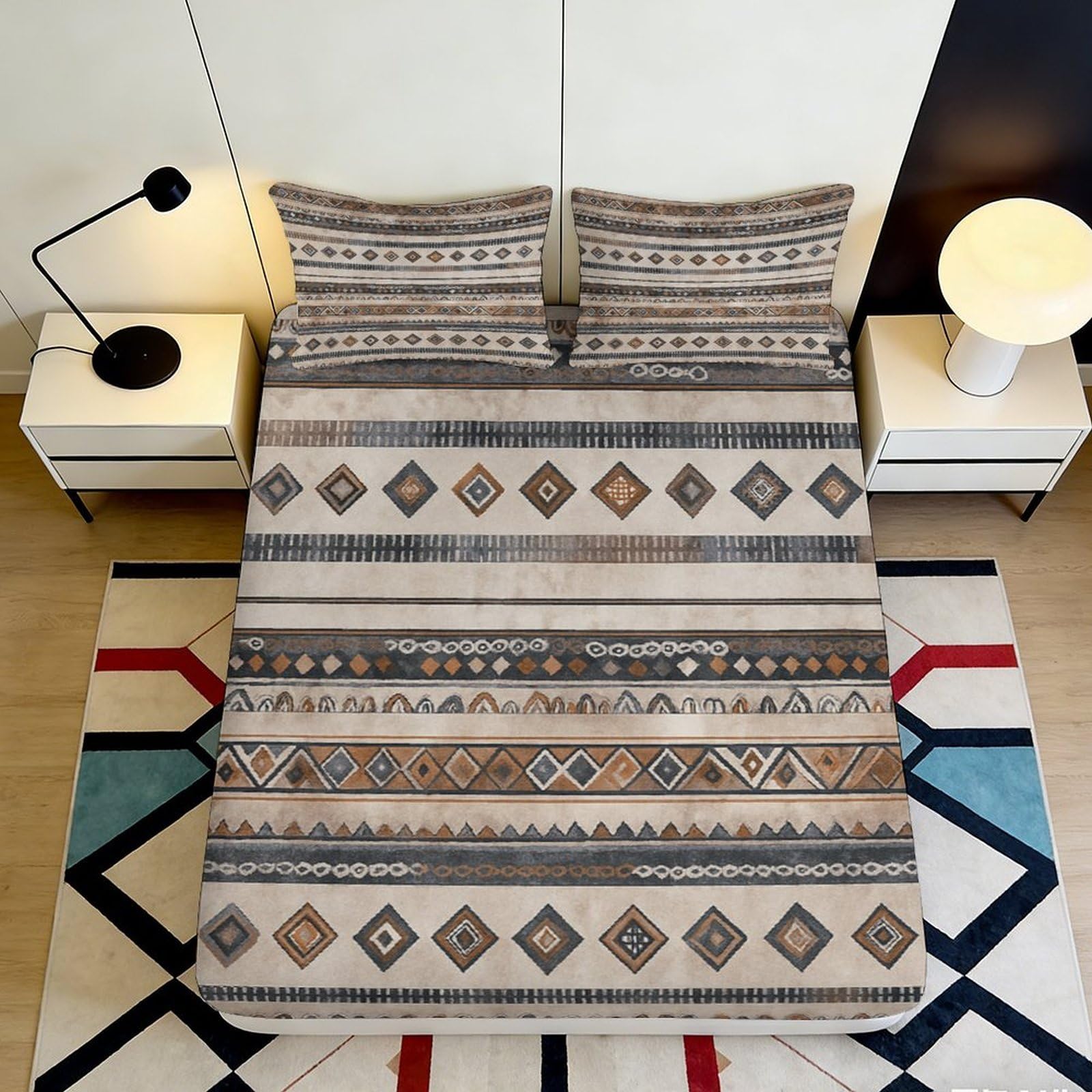 3D Printed Tribal Pattern Fitted Sheet Microfiber Soft Durable Geometric Mattress Cover for Bedroom Dormitory Guest Room Easy Care 160x200x25cm
