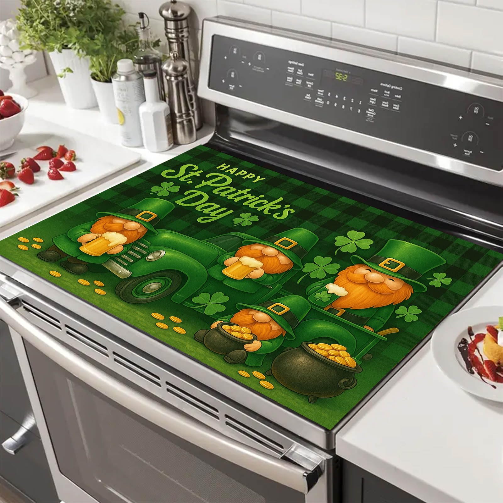 Lucky Shamrock St Patricks Day Stove Top Covers for Electric Stove 28x20 Inches Plaid Truck Heat Resistant Glass Cooktop Protector Pad Decorative Stovetop Cover Kitchen Countertop Mat