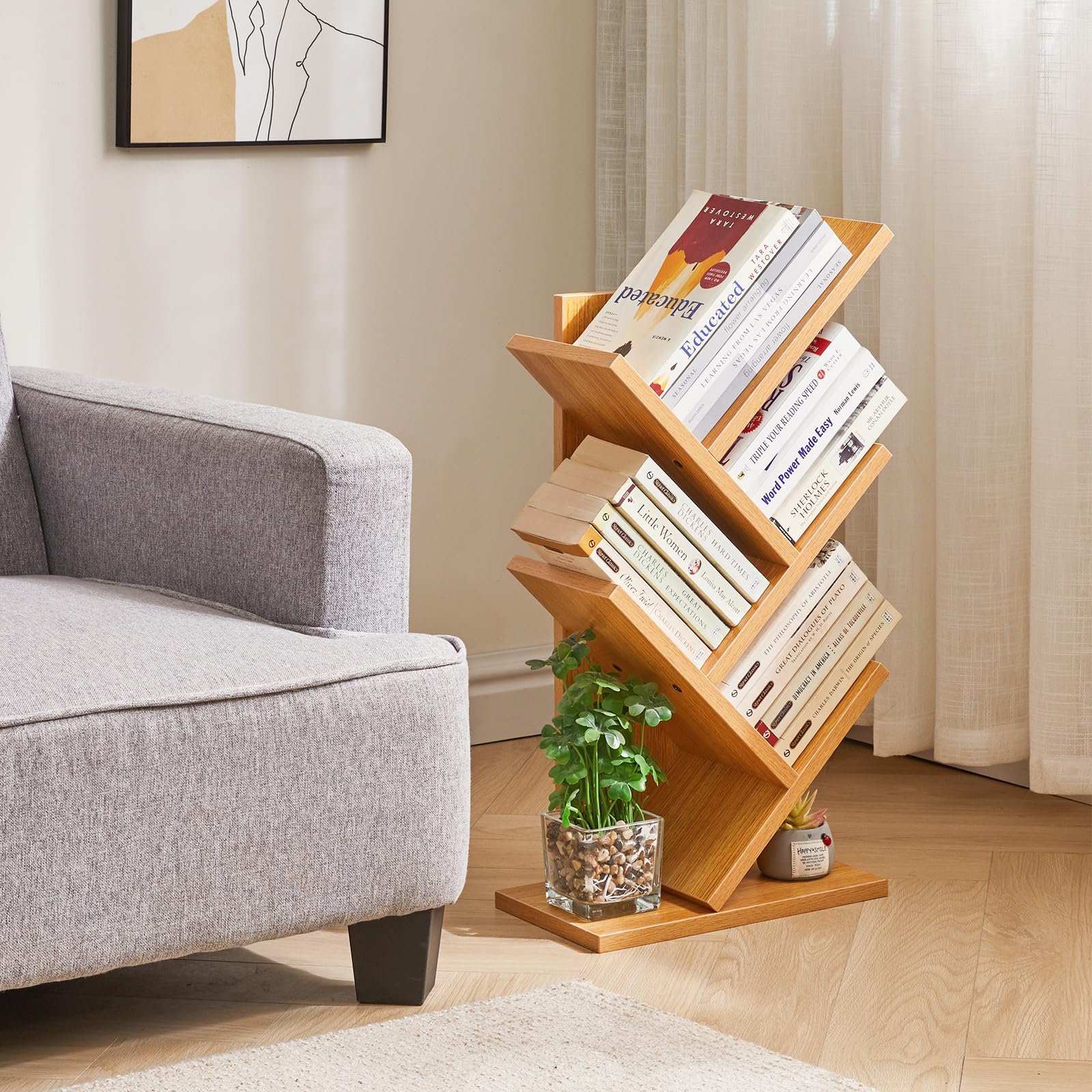 YMYNY Bibliothèque d'arbre, Étagère à Livres sur Pied, Étagère de Rangement pour Magazines, CD, pour Salon, Chambre, Bureau, 60 cm, Couleur Bois Naturel