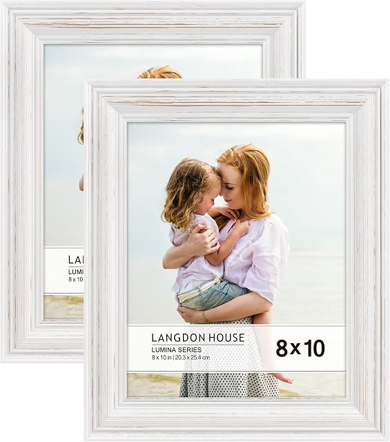 Langdon House 8x10 (20x25 cm) Cadres en bois véritable (blancs et dorés) - Accents d'or 2 Pack), cadre photo en bois 8 x 10, Collection Lumina