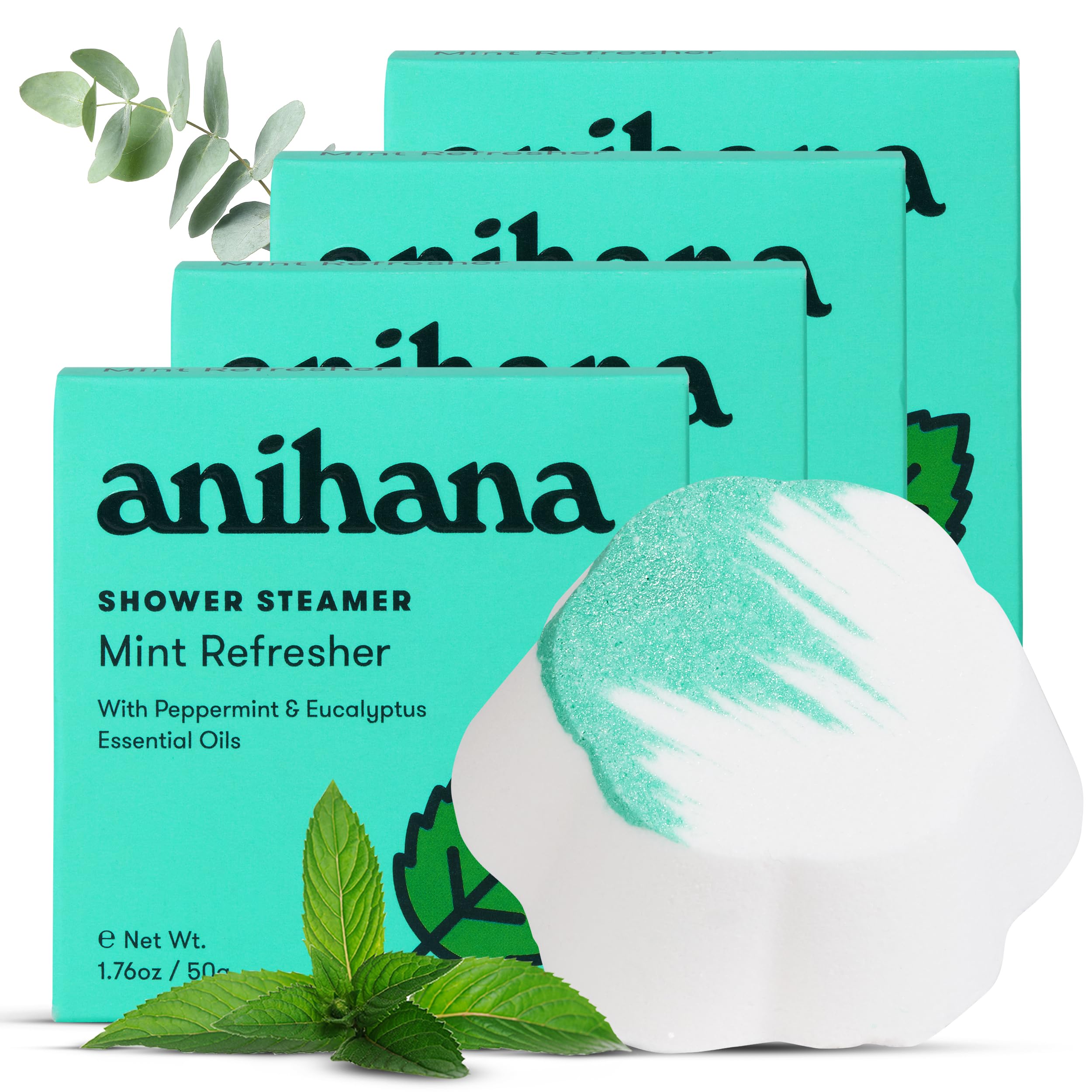 ANIHANA Shower Steamers 4 Pack with Peppermint and Eucalyptus Essential Oils, Paraben Free, Cruelty Free, Mint Refresher Scent, 1.76 oz Each